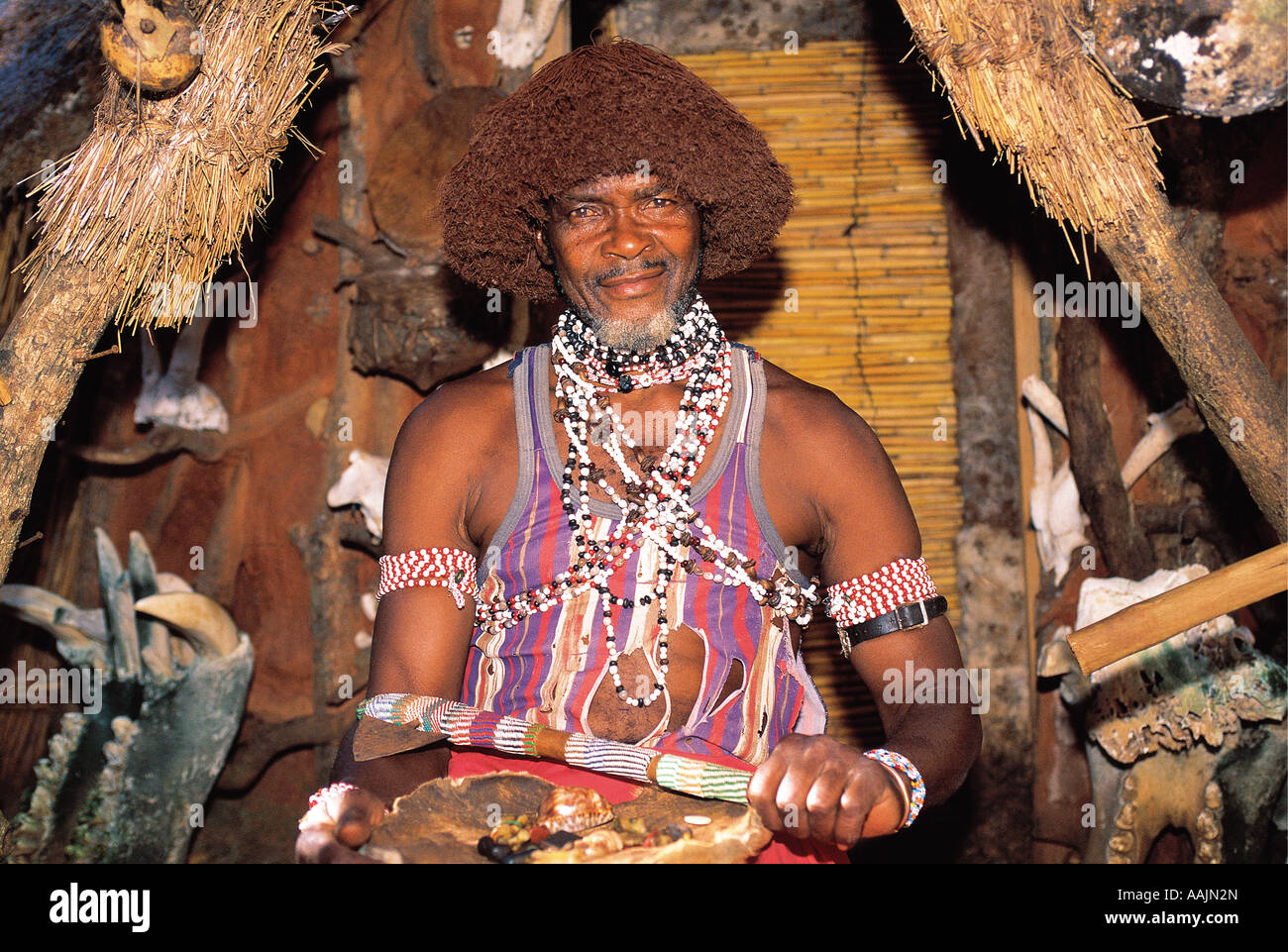 Shangaan sangoma Witch Doctor in Shangaan cultural village Mpumalanga South Africa - Stock Image
