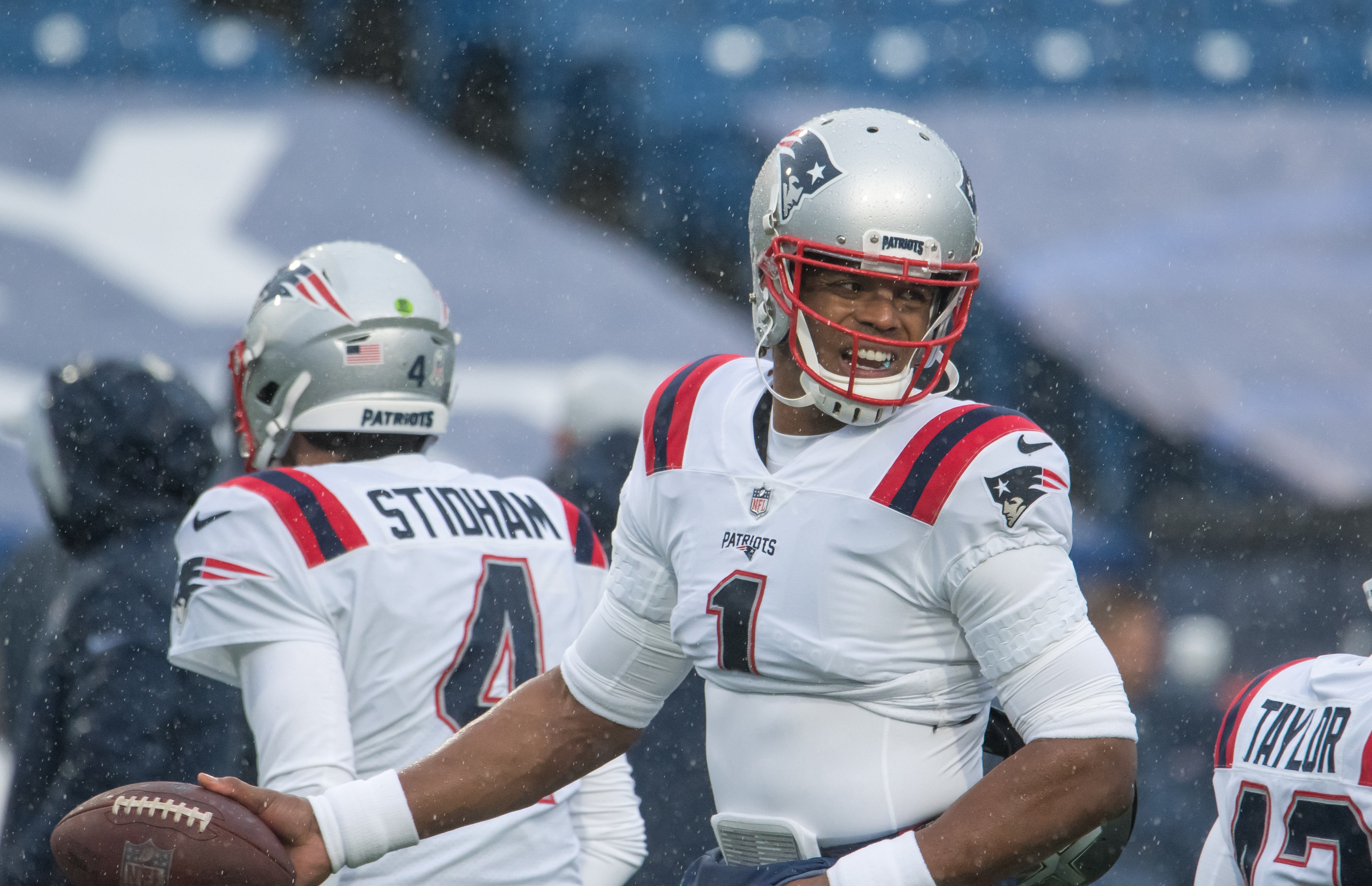 Nov 1, 2020; Orchard Park, New York, USA; New England Patriots quarterback Cam Newton (1) warms up before a game against the Buffalo Bills at Bills Stadium. Mandatory Credit: Mark Konezny-USA TODAY Sports