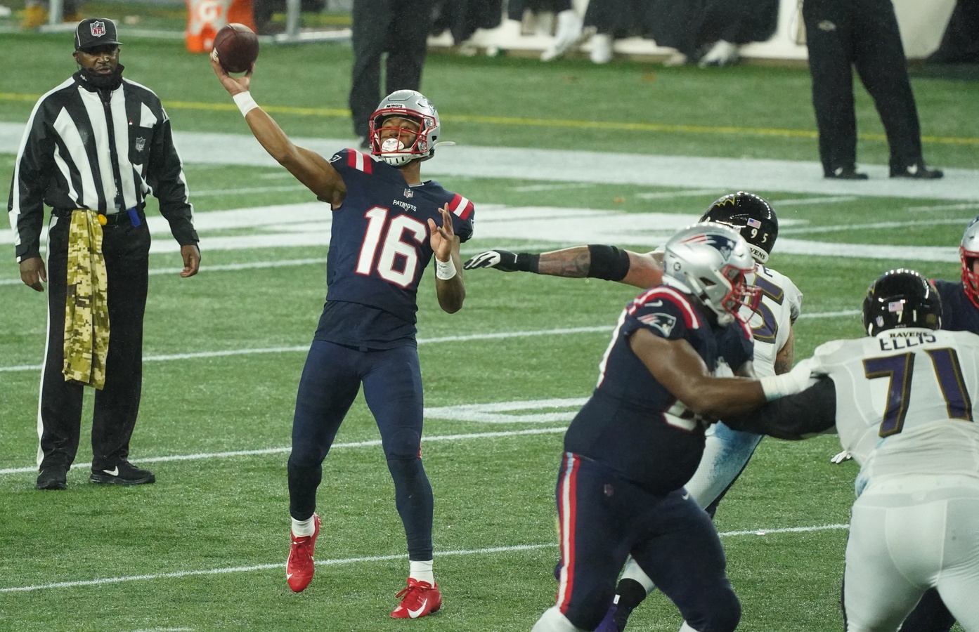 Nov 15, 2020; Foxborough, Massachusetts, USA; New England Patriots wide receiver Jakobi Meyers (16) throws a touchdown pass against the Baltimore Ravens during the second quarter at Gillette Stadium. Mandatory Credit: David Butler II-USA TODAY Sports