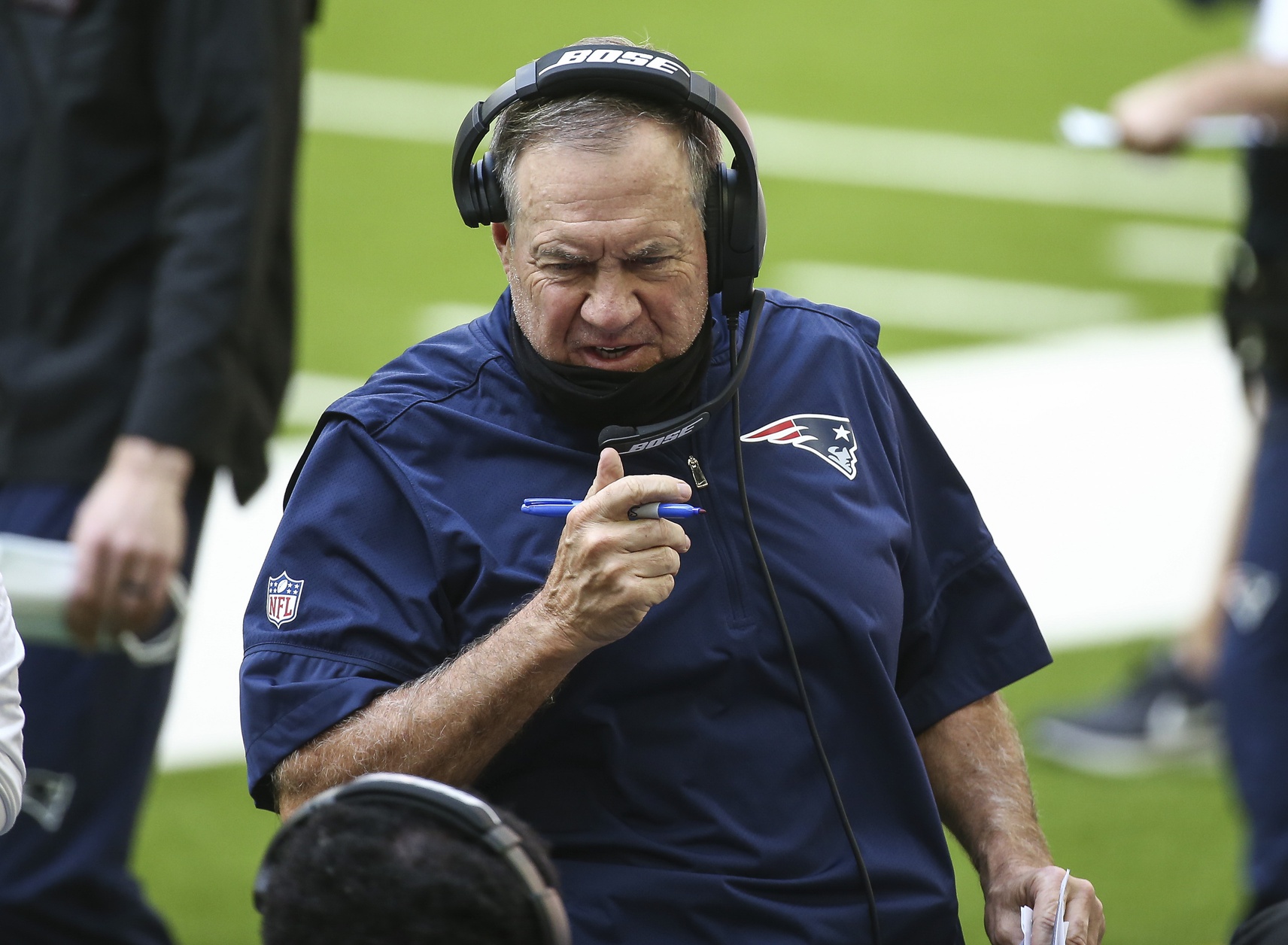 Nov 22, 2020; Houston, Texas, USA; New England Patriots head coach Bill Belichick on the sideline during the second quarter against the Houston Texans at NRG Stadium. Mandatory Credit: Troy Taormina-USA TODAY Sports