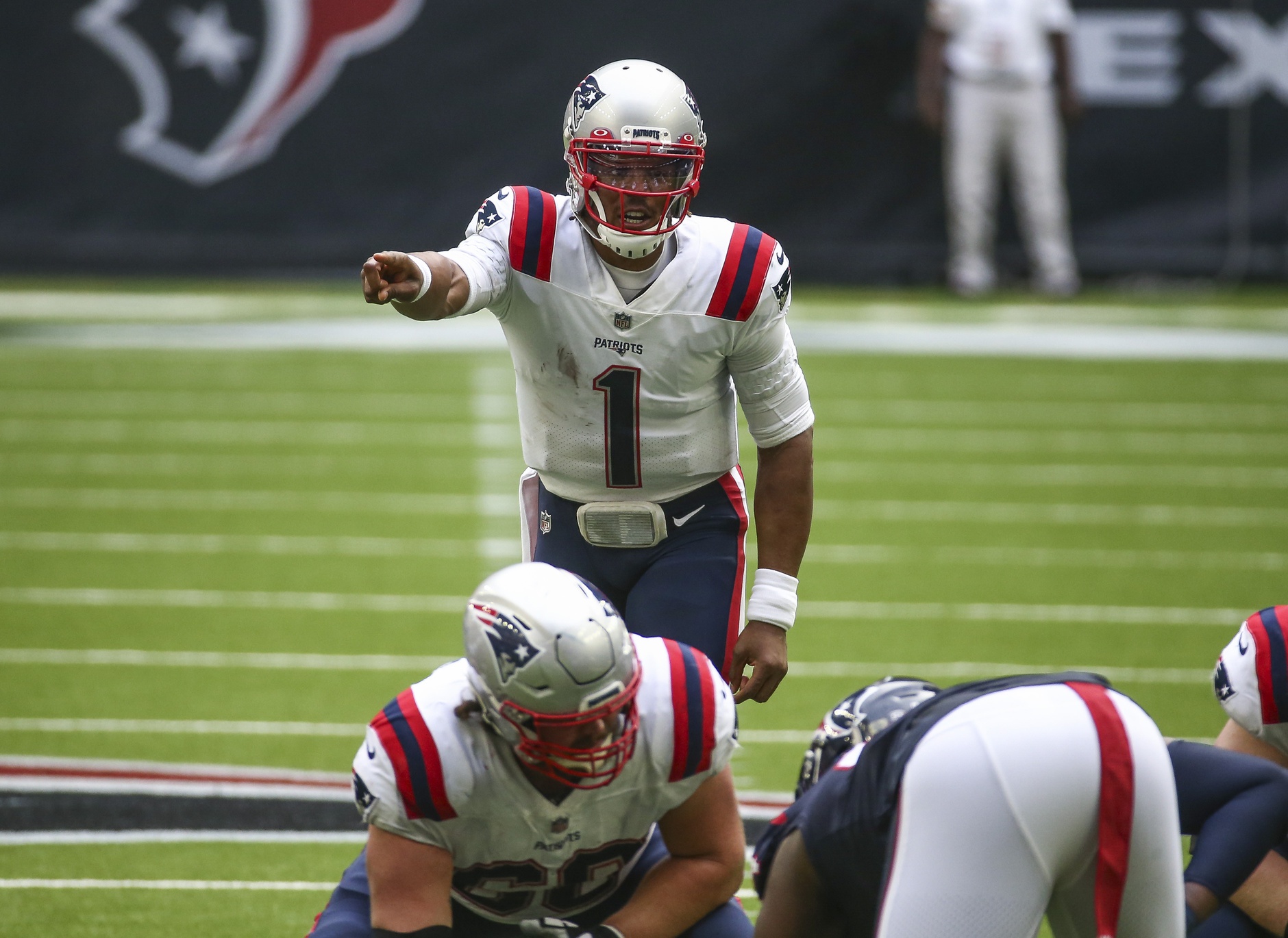 Nov 22, 2020; Houston, Texas, USA; New England Patriots quarterback Cam Newton (1) calls a play at the line of scrimmage during the fourth quarter against the Houston Texans at NRG Stadium. Mandatory Credit: Troy Taormina-USA TODAY Sports