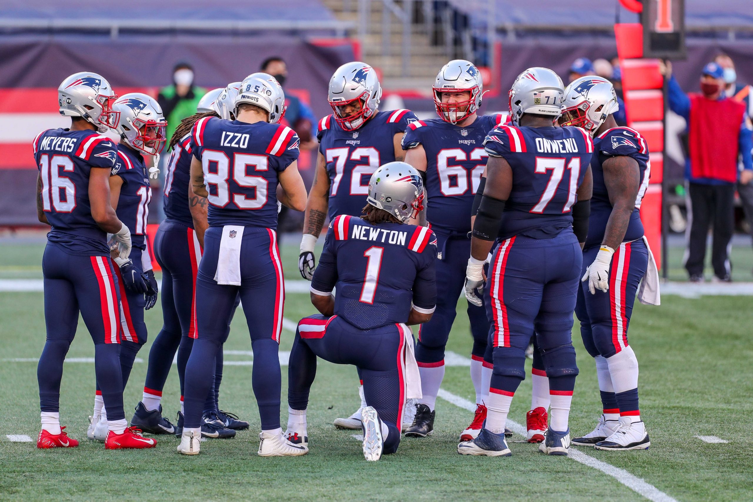 Nov 29, 2020; Foxborough, Massachusetts, USA; The New England Patriots huddle against the Arizona Cardinals during the first half at Gillette Stadium. Mandatory Credit: Paul Rutherford-USA TODAY Sports
