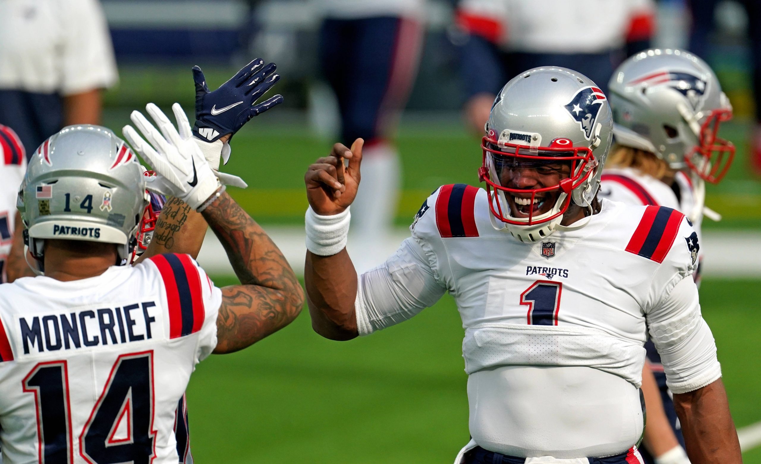 Dec 6, 2020; Inglewood, California, USA; New England Patriots quarterback Cam Newton (1) prior to a game against the Los Angeles Chargers at SoFi Stadium. Mandatory Credit: Kirby Lee-USA TODAY Sports