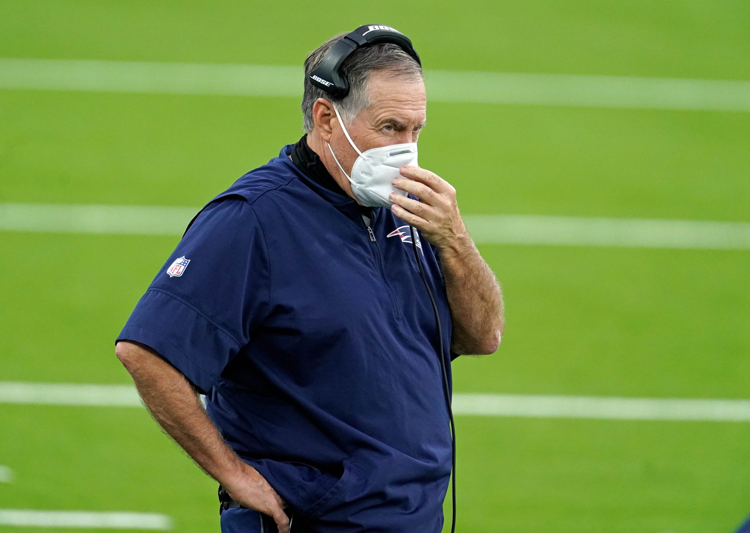 Dec 6, 2020; Inglewood, California, USA; New England Patriots head coach Bill Belichick is seen wearing a mask to help to protect from a world wide pandemic during the second half against the Los Angeles Chargers at SoFi Stadium. Mandatory Credit: Kirby Lee-USA TODAY Sports