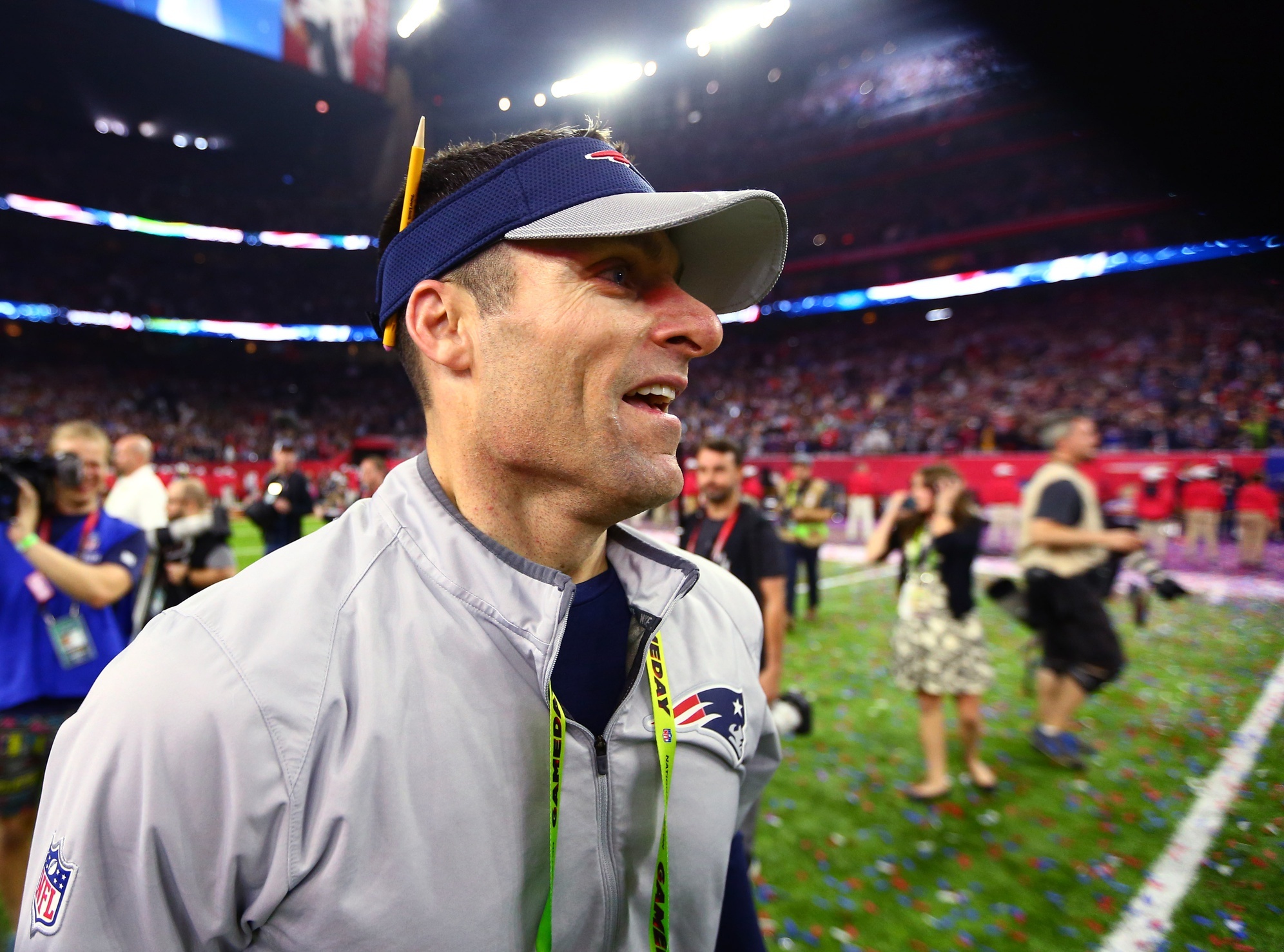 Feb 5, 2017; Houston, TX, USA; New England Patriots director of player personnel Nick Caserio against the Atlanta Falcons during Super Bowl LI at NRG Stadium. Mandatory Credit: Mark J. Rebilas-USA TODAY Sports