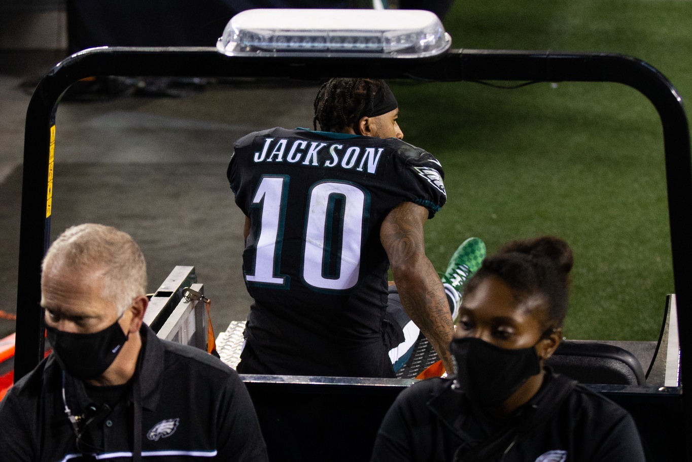 Oct 22, 2020; Philadelphia, Pennsylvania, USA; Philadelphia Eagles wide receiver DeSean Jackson (10) is carted off the field after being injured during the fourth quarter against the New York Giants at Lincoln Financial Field. Mandatory Credit: Bill Streicher-USA TODAY Sports