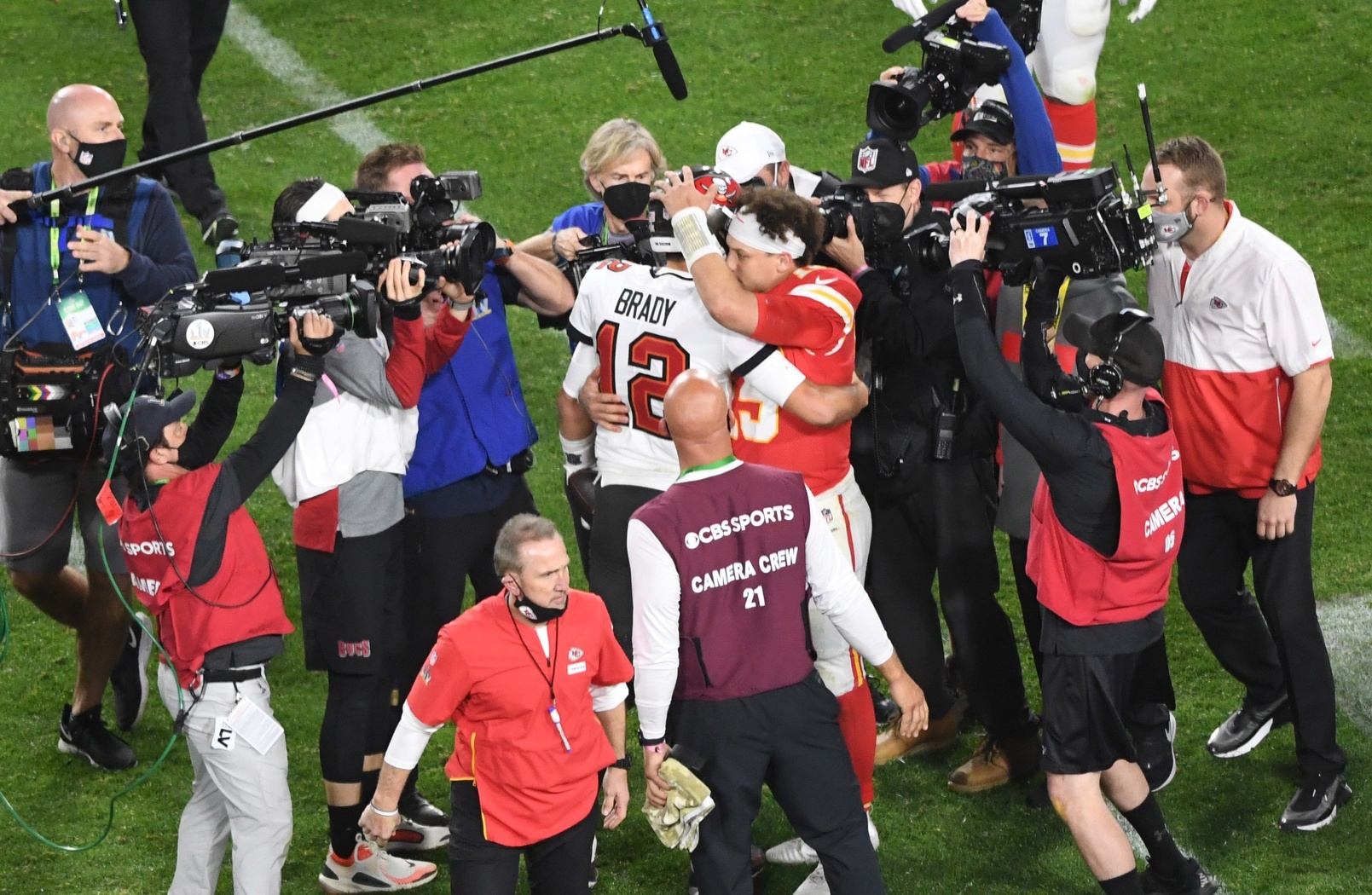 Feb 7, 2021; Tampa, FL, USA; Tampa Bay Buccaneers quarterback Tom Brady (12) greets Kansas City Chiefs quarterback Patrick Mahomes (15) after Super Bowl LV at Raymond James Stadium.  Mandatory Credit: James Lang-USA TODAY Sports