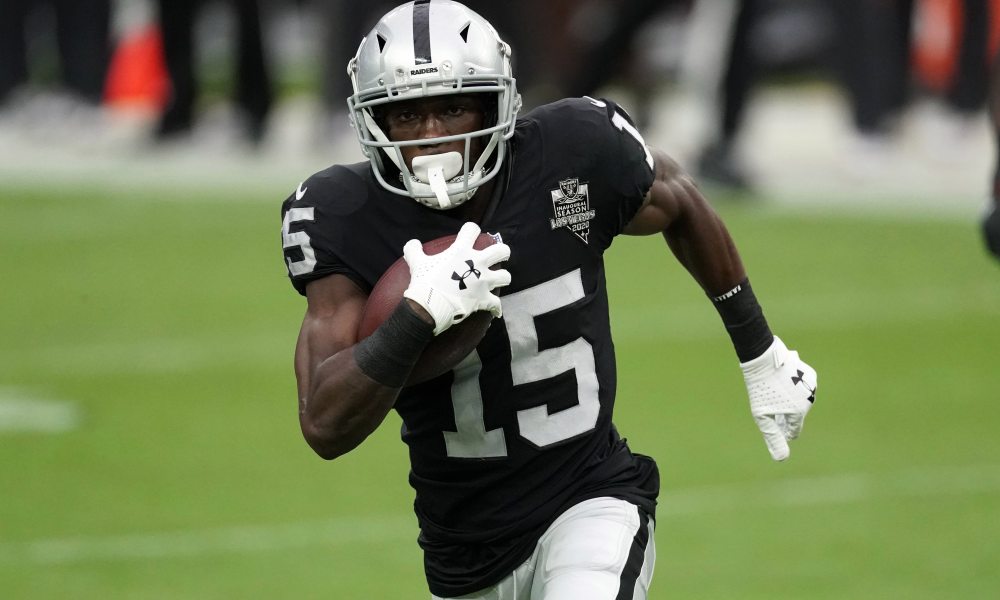 Oct 25, 2020; Paradise, Nevada, USA; Las Vegas Raiders wide receiver Nelson Agholor (15) carries the ball in the first half against the Tampa Bay Buccaneers at Allegiant Stadium. The Buccaneers defeated the Raiders 45-20. Mandatory Credit: Kirby Lee-USA TODAY Sports