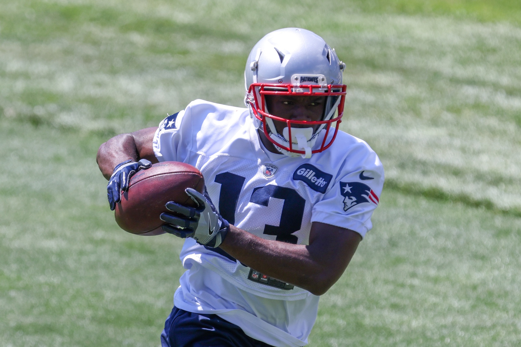 Jun 16, 2021; Foxborough, MA, USA; New England Patriots wide receiver Nelson Agholor (13) participates in a drill during the New England Patriots mini camp at the New England Patriots practice complex. Mandatory Credit: Paul Rutherford-USA TODAY Sports