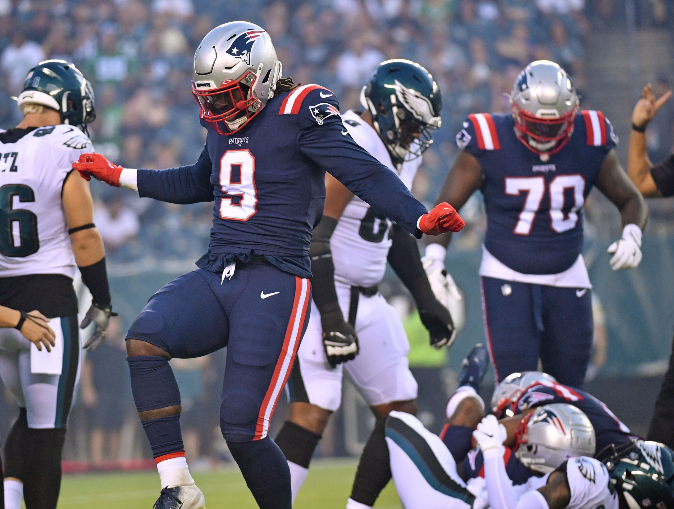 Aug 19, 2021; Philadelphia, Pennsylvania, USA; New England Patriots outside linebacker Matt Judon (9) reacts after causing a fumble against the Philadelphia Eagles during the first quarter at Lincoln Financial Field. Mandatory Credit: Eric Hartline-USA TODAY Sports