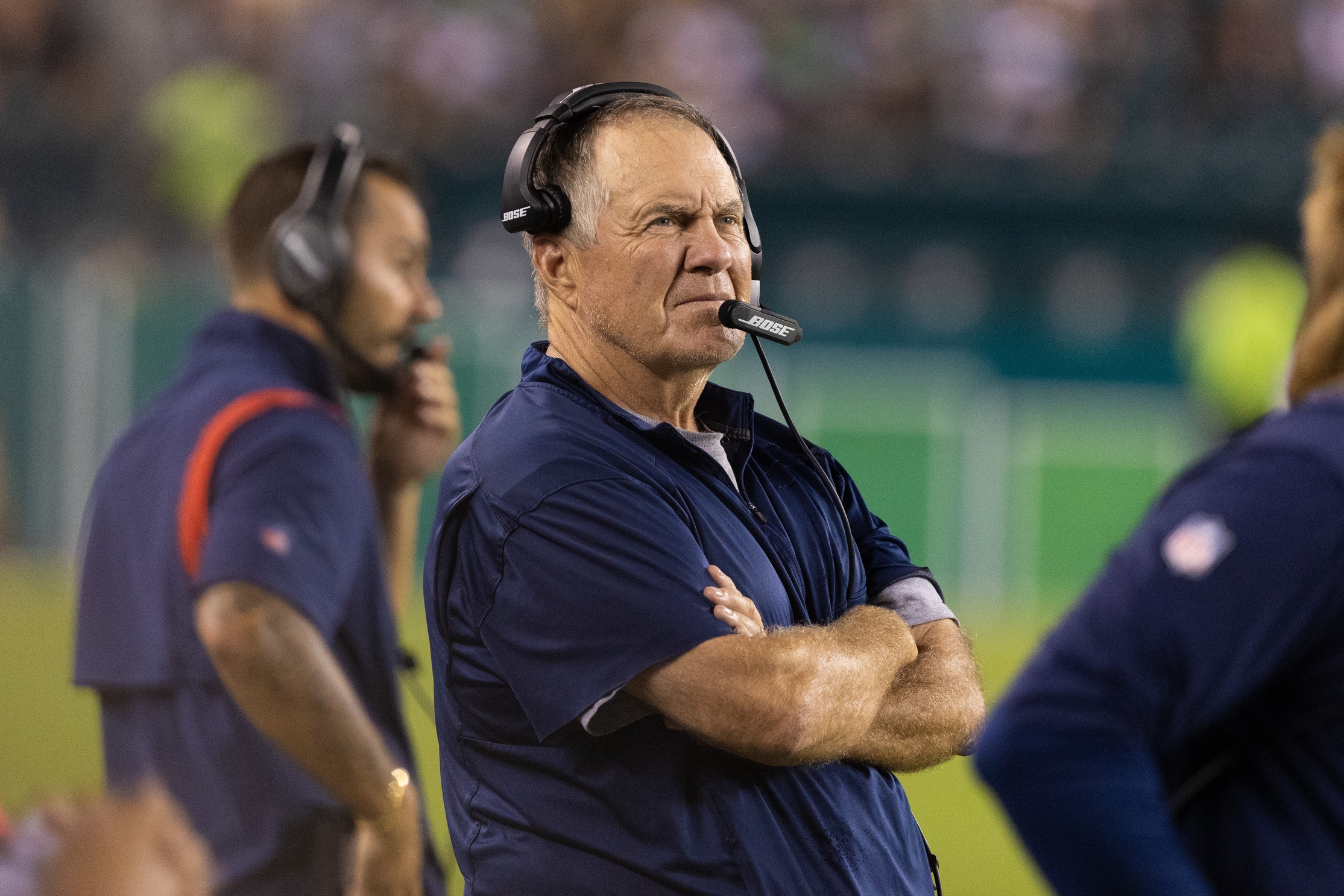 Aug 19, 2021; Philadelphia, Pennsylvania, USA; New England Patriots head coach Bill Belichick looks on during the third quarter against the Philadelphia Eagles at Lincoln Financial Field. Mandatory Credit: Bill Streicher-USA TODAY Sports