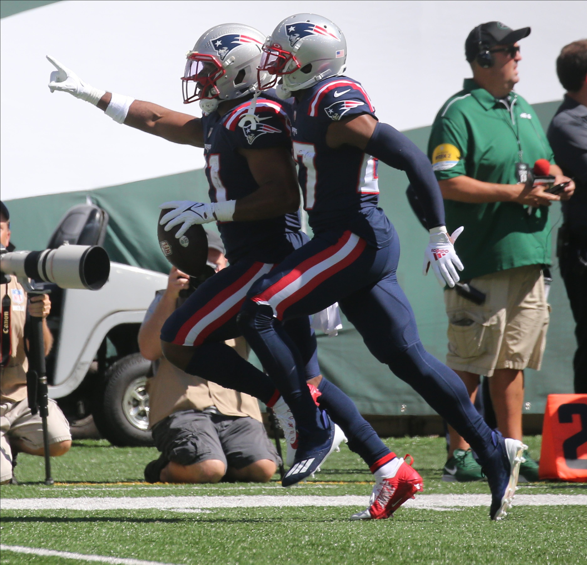 Adrian Phillips of the Patriots after intercepting Zach Wilson in the first half as the New England Patriots played the NY Jets at MetLife Stadium in East Rutherford, NJ on September 19, 2021.

The New England Patriots Came To Play The Ny Jets At Metlife Stadium In East Rutherford Nj On September 19 2021