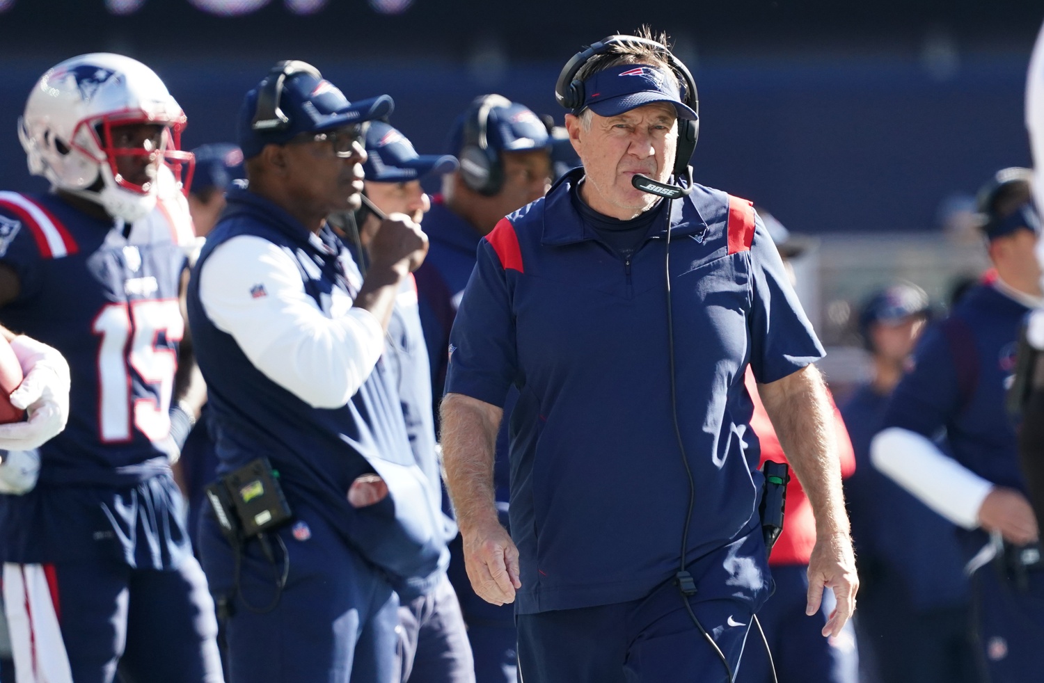 Oct 24, 2021; Foxborough, Massachusetts, USA; New England Patriots head coach Bill Belichick watches from the sideline against the New York Jets in the first half at Gillette Stadium. Mandatory Credit: David Butler II-USA TODAY Sports