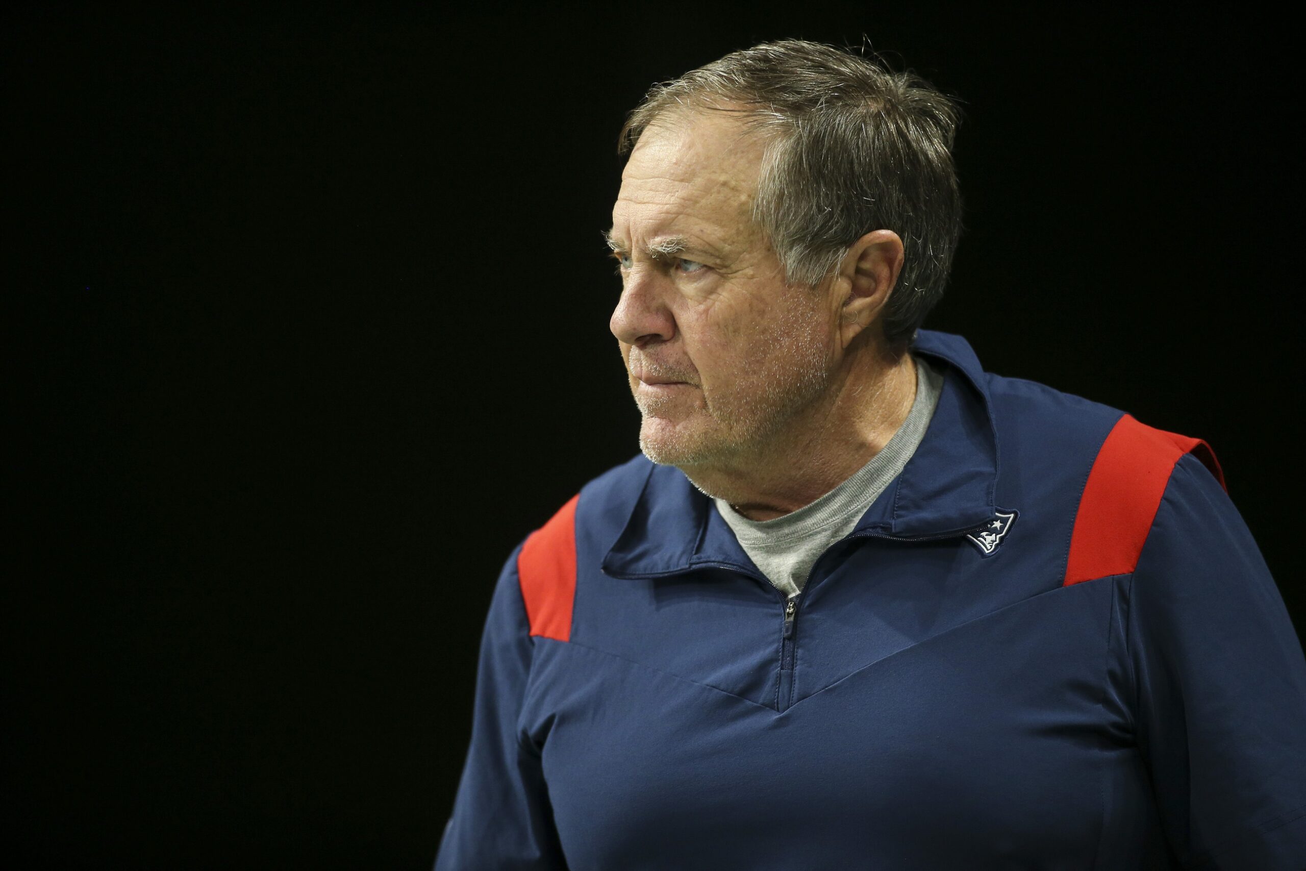Nov 18, 2021; Atlanta, Georgia, USA; New England Patriots head coach Bill Belichick walks on the field before a game against the Atlanta Falcons at Mercedes-Benz Stadium. Mandatory Credit: Brett Davis-USA TODAY Sports
