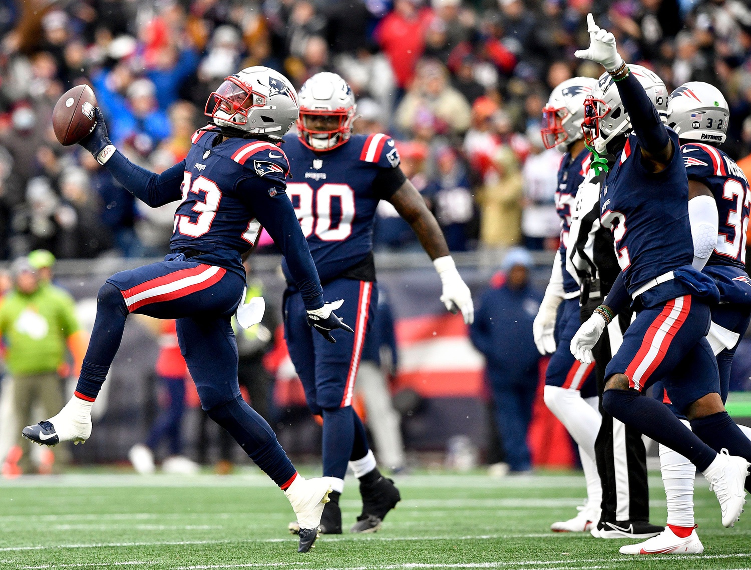 New England Patriots safety Kyle Dugger (23) celebrates after recovering a fumble during the second quarter at Gillette Stadium Sunday, Nov. 28, 2021 in Foxborough, Mass.

Titans Patriots 092