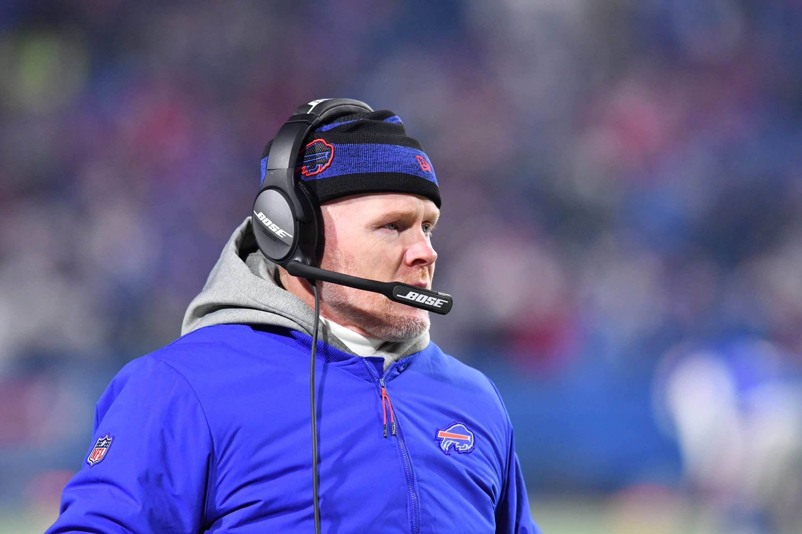 Dec 6, 2021; Orchard Park, New York, USA; Buffalo Bills head coach Sean McDermott walks the sideline in the first quarter game against the New England Patriots at Highmark Stadium. Mandatory Credit: Mark Konezny-USA TODAY Sports