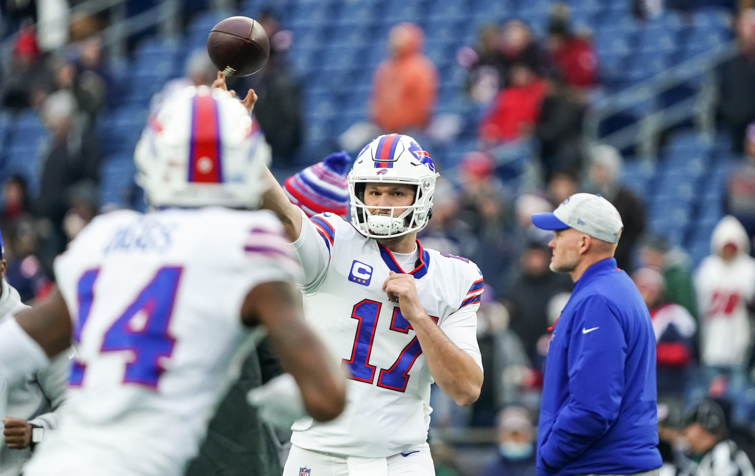 Dec 26, 2021; Foxborough, Massachusetts, USA; Buffalo Bills quarterback Josh Allen (17) warms up before the start of the game against the New England Patriots at Gillette Stadium. Mandatory Credit: David Butler II-USA TODAY Sports