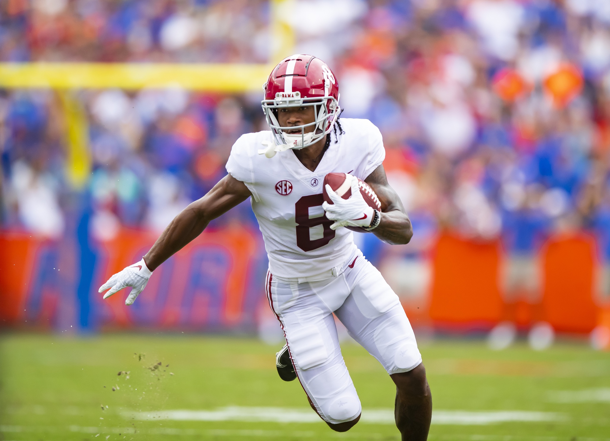 Sep 18, 2021; Gainesville, Florida, USA; Alabama Crimson Tide wide receiver John Metchie III (8) against the Florida Gators at Ben Hill Griffin Stadium. Mandatory Credit: Mark J. Rebilas-USA TODAY Sports