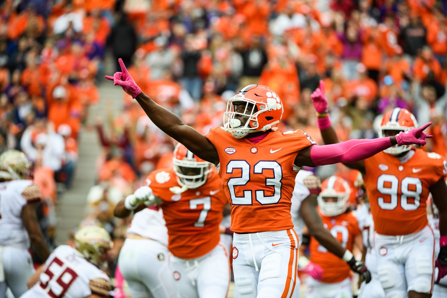 Clemson cornerback Andrew Booth Jr. (23) celebrates after a Florida State kick is blocked during their game at Memorial Stadium Saturday, Oct. 30, 2021.

Jm Clemson 103021 006