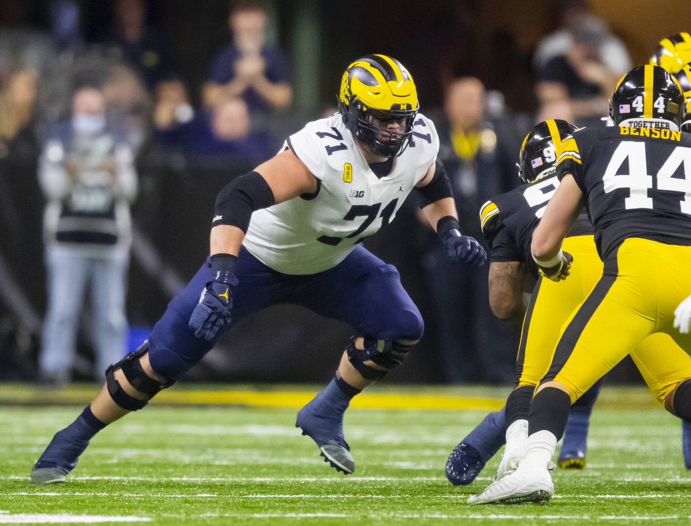 Dec 4, 2021; Indianapolis, IN, USA; Michigan Wolverines offensive lineman Andrew Stueber (71) against the Iowa Hawkeyes in the Big Ten Conference championship game at Lucas Oil Stadium. Mandatory Credit: Mark J. Rebilas-USA TODAY Sports