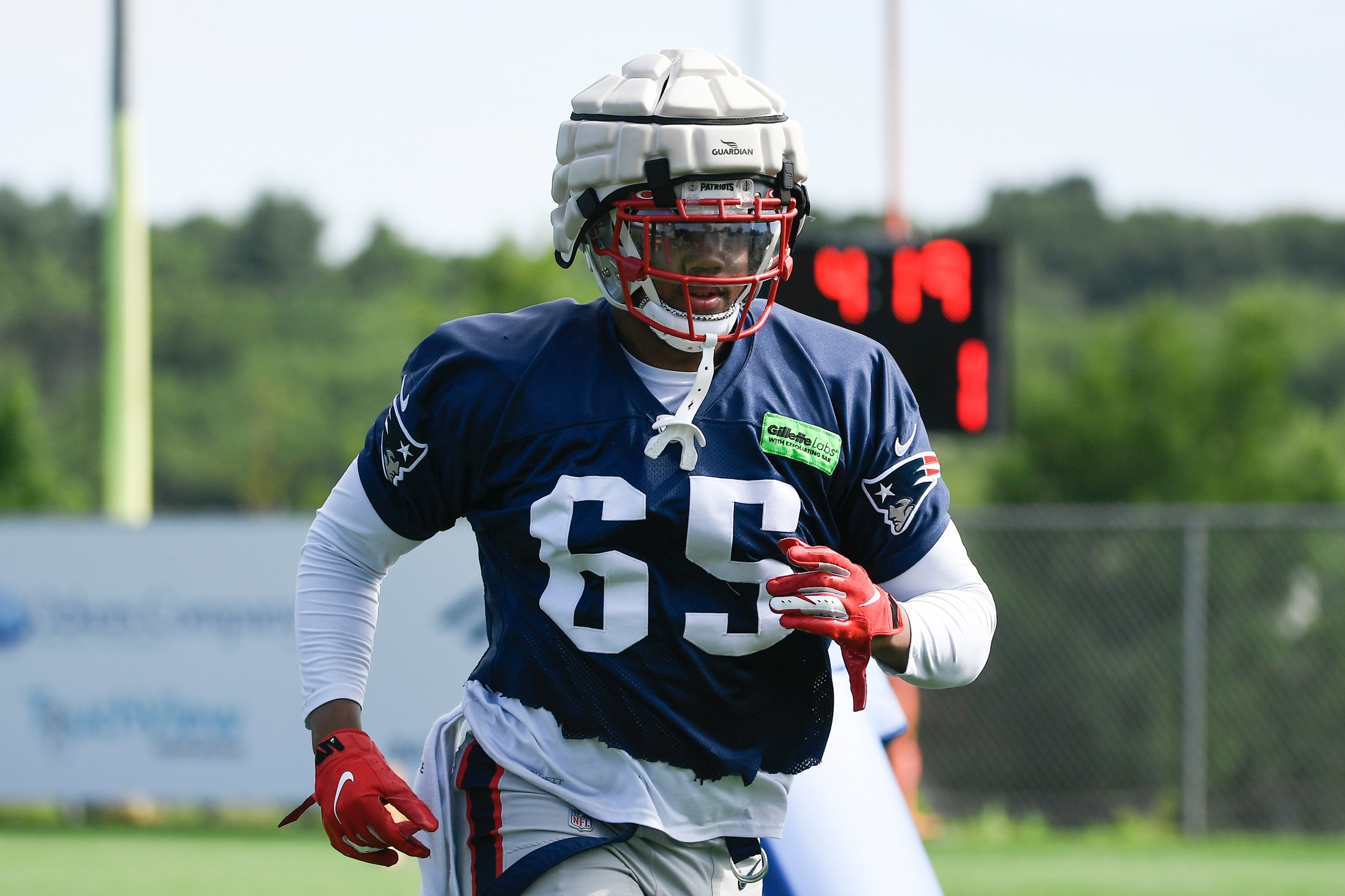 Jul 30, 2022; Foxborough, MA, USA; New England Patriots defensive lineman LaBryan Ray (65) works out at the Patriots training camp at Gillette Stadium. Mandatory Credit: Eric Canha-USA TODAY Sports