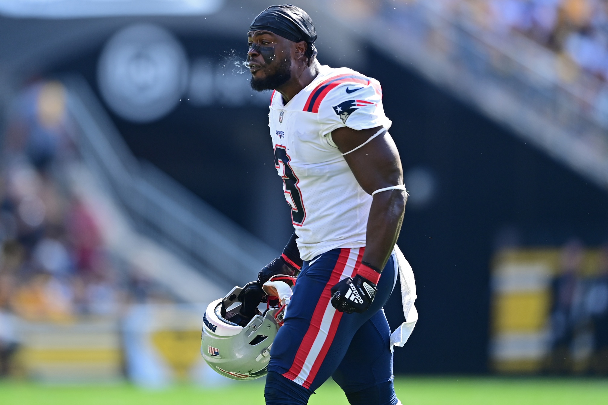 Sep 18, 2022; Pittsburgh, Pennsylvania, USA; New England Patriots safety Jabrill Peppers (3) celebrates after a tackle during the third quarter against the Pittsburgh Steelers at Acrisure Stadium. Mandatory Credit: David Dermer-USA TODAY Sports