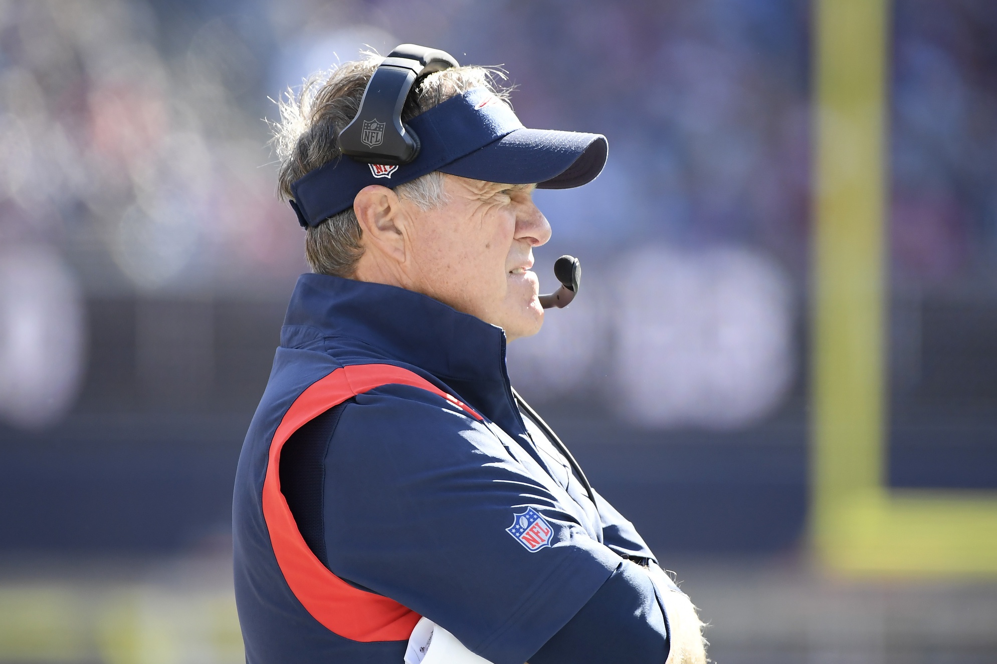 Oct 9, 2022; Foxborough, Massachusetts, USA; New England Patriots head coach Bill Belichick looks on during the first half against the Detroit Lions at Gillette Stadium. Mandatory Credit: Bob DeChiara-USA TODAY Sports