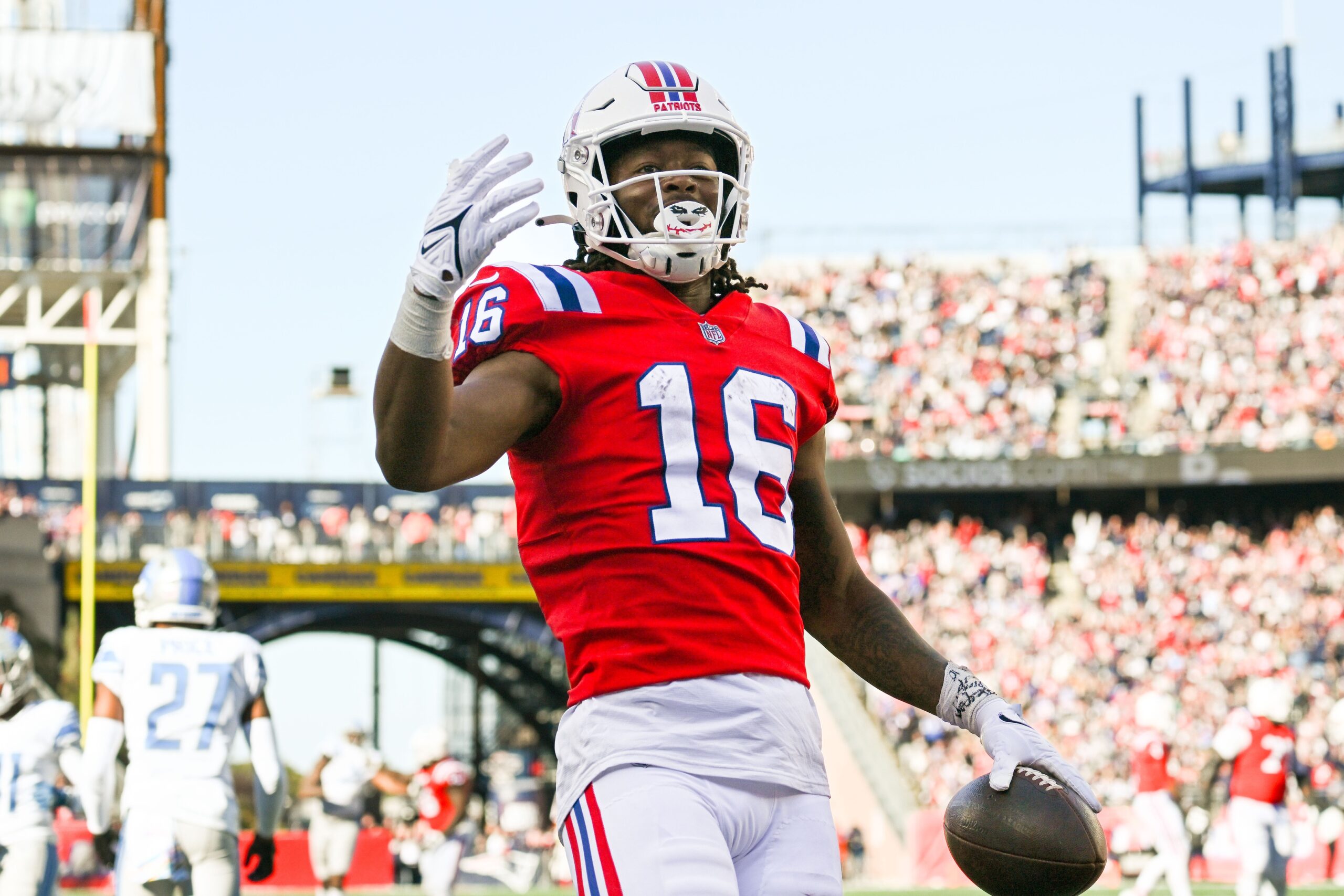 Oct 9, 2022; Foxborough, Massachusetts, USA; New England Patriots wide receiver Jakobi Meyers (16) reacts after scoring a touchdown against the Detroit Lions during the second half at Gillette Stadium. Mandatory Credit: Brian Fluharty-USA TODAY Sports
