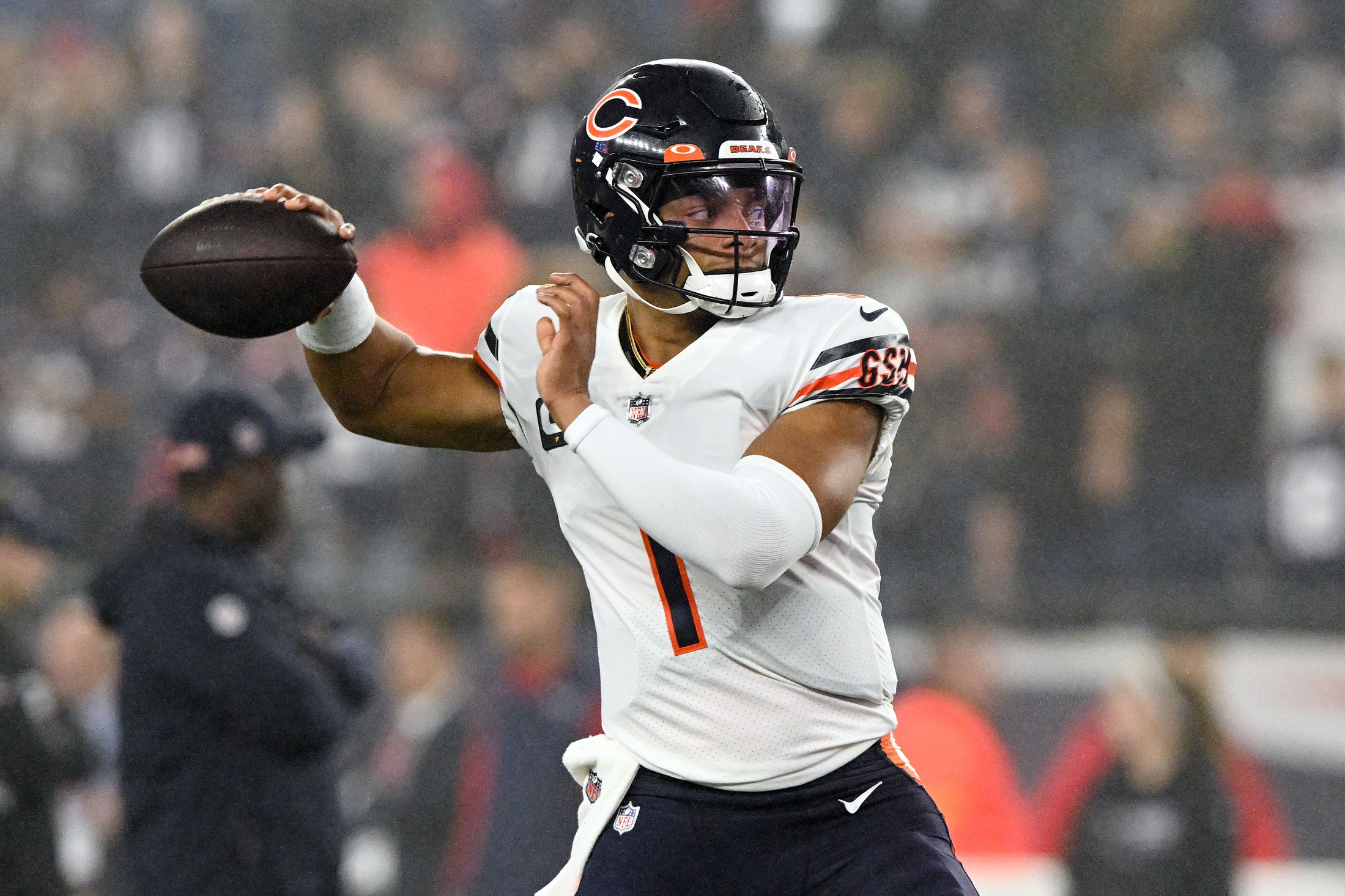 Oct 24, 2022; Foxborough, Massachusetts, USA; Chicago Bears quarterback Justin Fields (1) throws the ball during warmups before a game against the New England Patriots at Gillette Stadium. Mandatory Credit: Brian Fluharty-USA TODAY Sports