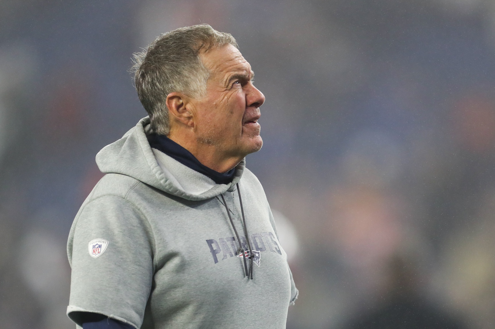 Oct 24, 2022; Foxborough, Massachusetts, USA; New England Patriots head coach Bill Belichick reacts before a game against the Chicago Bears at Gillette Stadium. Mandatory Credit: Paul Rutherford-USA TODAY Sports