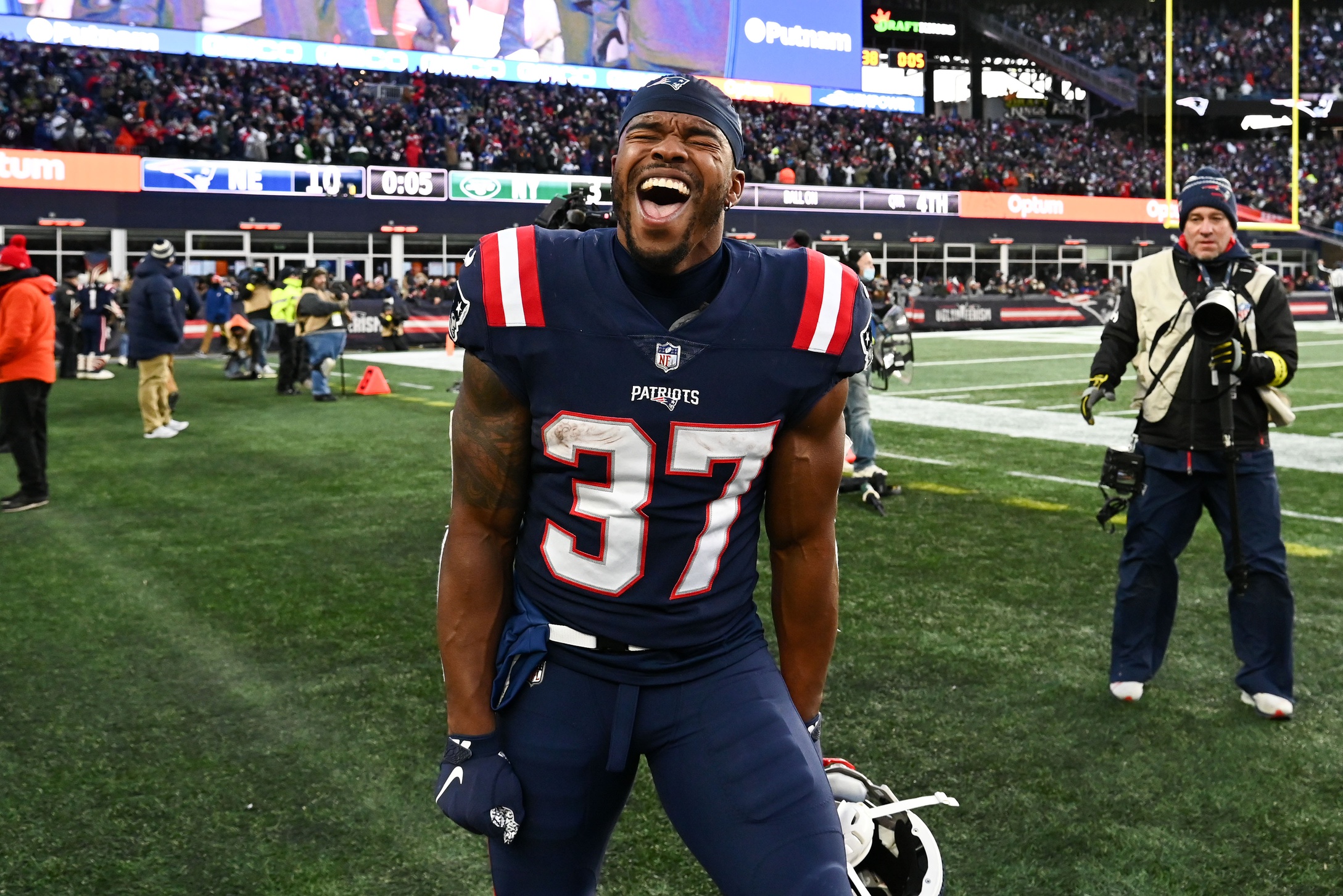 Nov 20, 2022; Foxborough, Massachusetts, USA; New England Patriots running back Damien Harris (37) reacts after cornerback Marcus Jones (not seen) scored a touchdown against the New York Jets during the second half at Gillette Stadium. Mandatory Credit: Brian Fluharty-USA TODAY Sports