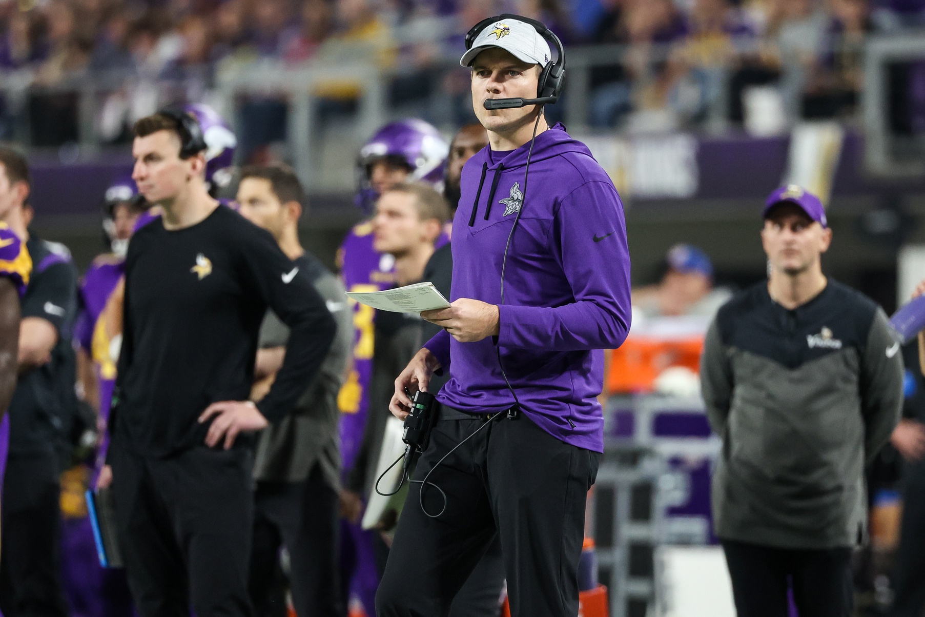 Nov 24, 2022; Minneapolis, Minnesota, USA; Minnesota Vikings head coach Kevin O'Connell looks on during the second quarter against the New England Patriots at U.S. Bank Stadium. Mandatory Credit: Matt Krohn-USA TODAY Sports