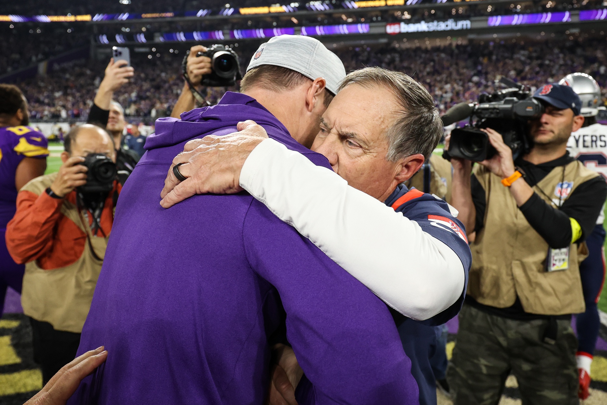 Nov 24, 2022; Minneapolis, Minnesota, USA; New England Patriots head coach Bill Belichick and Minnesota Vikings head coach Kevin O'Connell shake hands after the game at U.S. Bank Stadium. Mandatory Credit: Matt Krohn-USA TODAY Sports