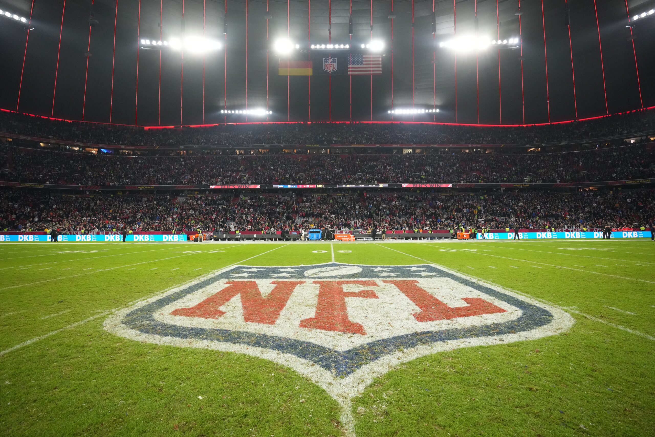 Nov 13, 2022; Munich, Germany; A general overall view of the NFL logo at midfield during an NFL International Series game at Allianz Arena. Mandatory Credit: Kirby Lee-USA TODAY Sports