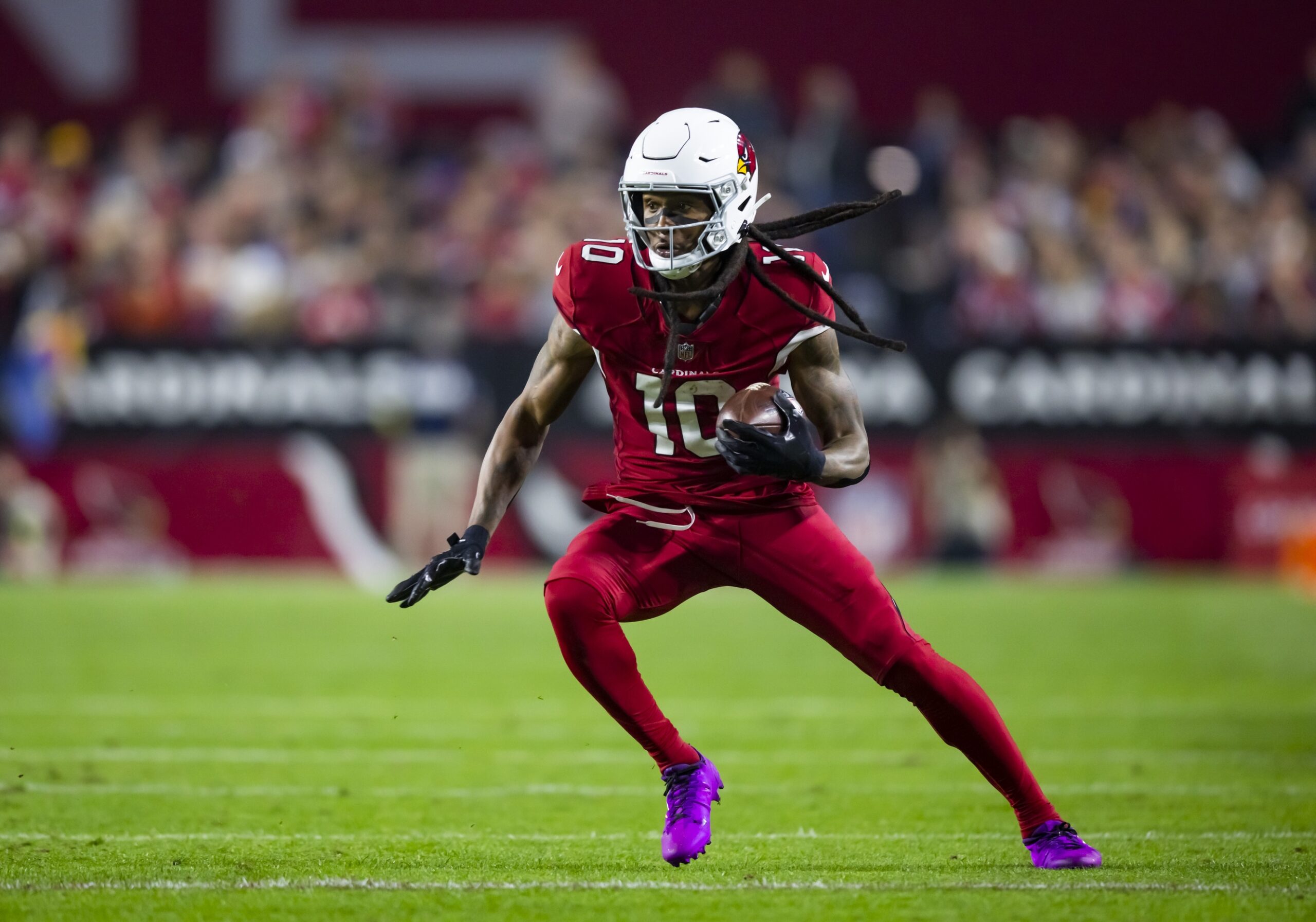 Dec 12, 2022; Glendale, Arizona, USA; Arizona Cardinals wide receiver DeAndre Hopkins (10) against the New England Patriots at State Farm Stadium. Mandatory Credit: Mark J. Rebilas-USA TODAY Sports