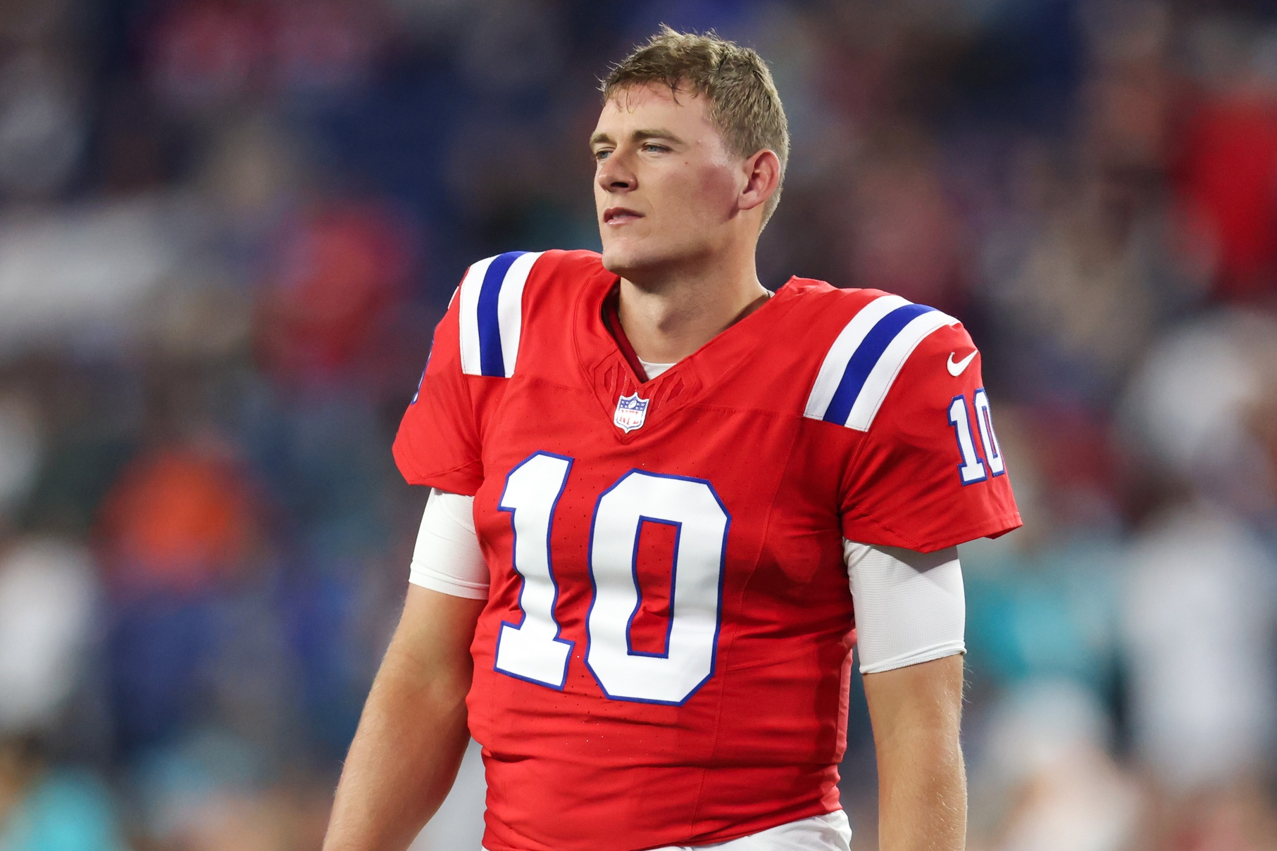 Sep 17, 2023; Foxborough, Massachusetts, USA; New England Patriots quarterback Mac Jones (10) reacts before playing the Miami Dolphins at Gillette Stadium. Mandatory Credit: Paul Rutherford-USA TODAY Sports