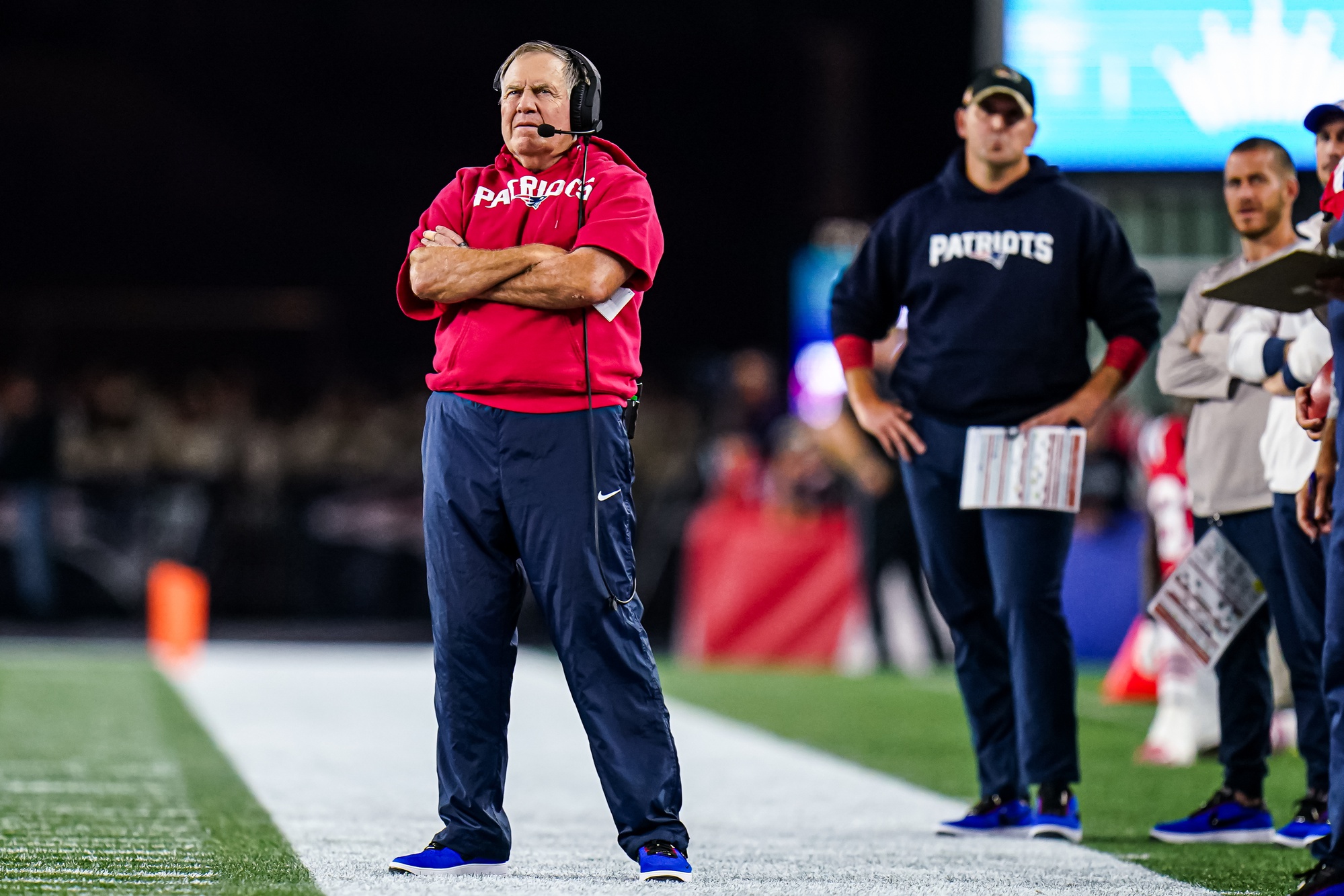 Sep 17, 2023; Foxborough, Massachusetts, USA; New England Patriots head coach Bill Belichick watches from the sideline as they take on the Miami Dolphins at Gillette Stadium. Mandatory Credit: David Butler II-USA TODAY Sports