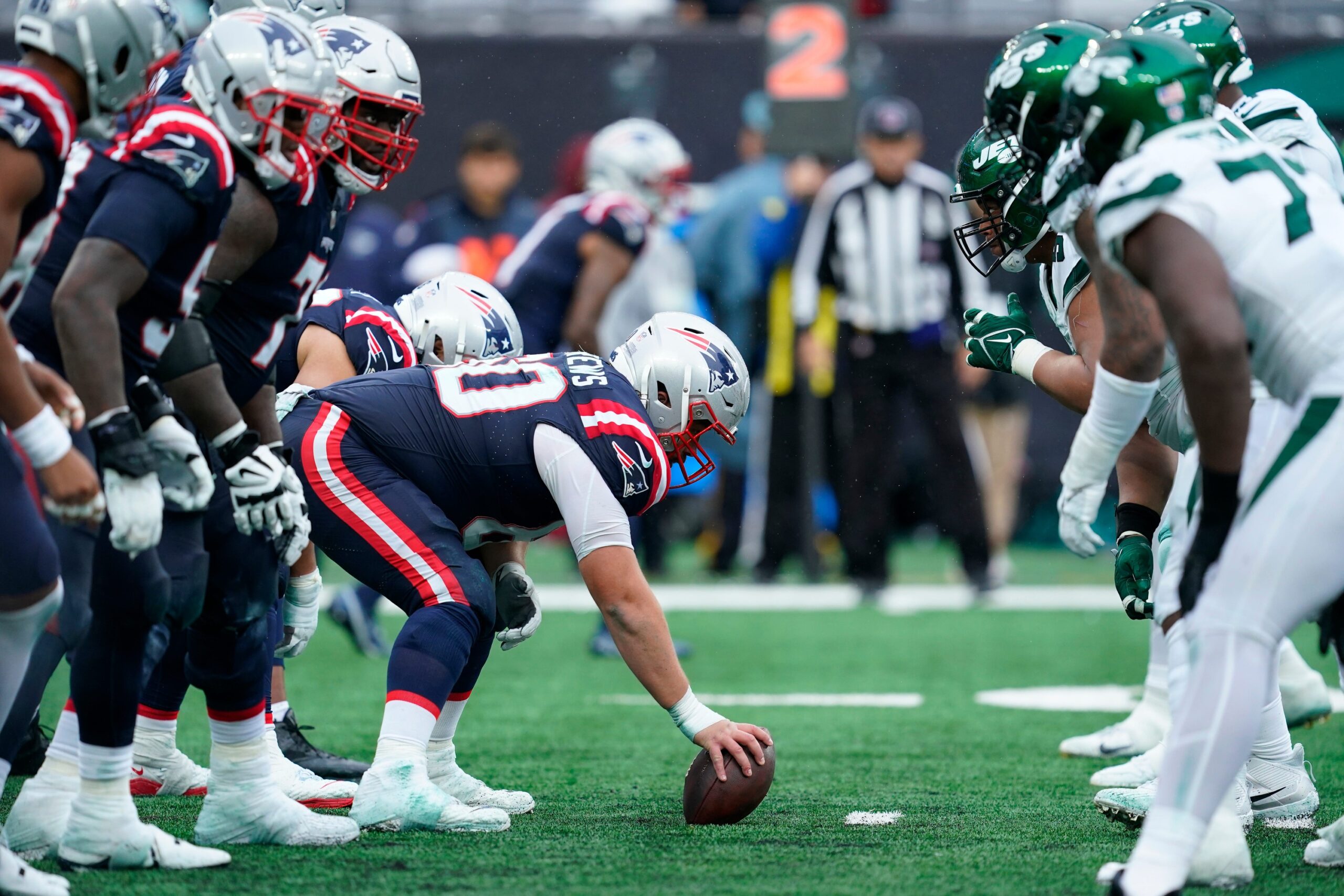 The New England Patriots offense line up against the New York Jets in the second half. The Jets lose to the Patriots, 15-10, at MetLife Stadium on Sunday, Sept. 24, 2023, in East Rutherford.