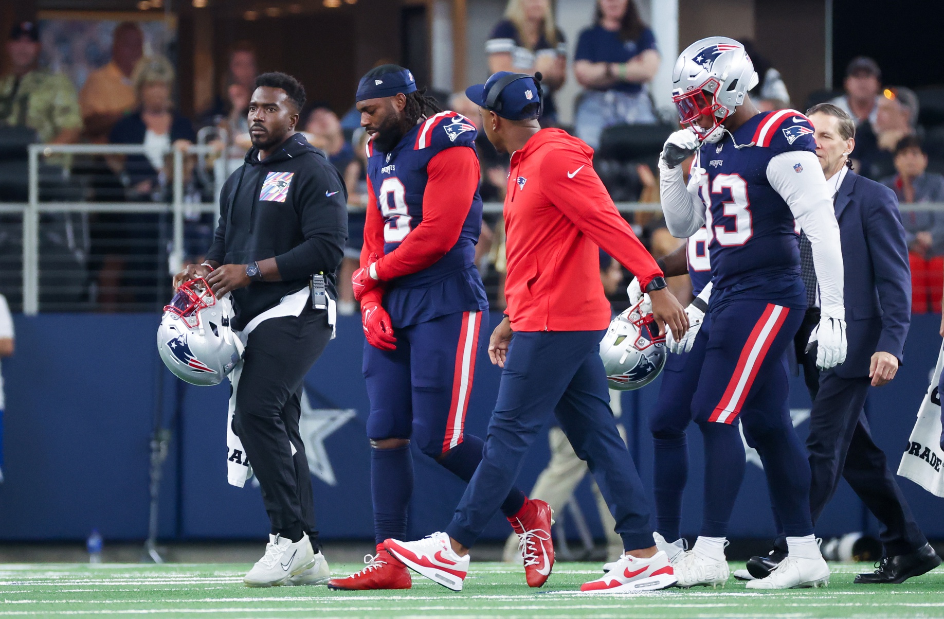Oct 1, 2023; Arlington, Texas, USA;  New England Patriots linebacker Matthew Judon (9) walks off the field injured during the second half against the Dallas Cowboys at AT&T Stadium. Mandatory Credit: Kevin Jairaj-USA TODAY Sports
