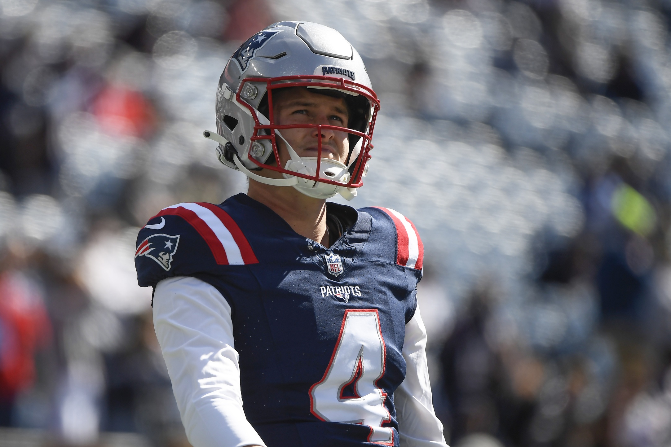 Oct 8, 2023; Foxborough, Massachusetts, USA;  New England Patriots quarterback Bailey Zappe (4) during warmups prior to a game against the New Orleans Saints at Gillette Stadium. Mandatory Credit: Bob DeChiara-USA TODAY Sports