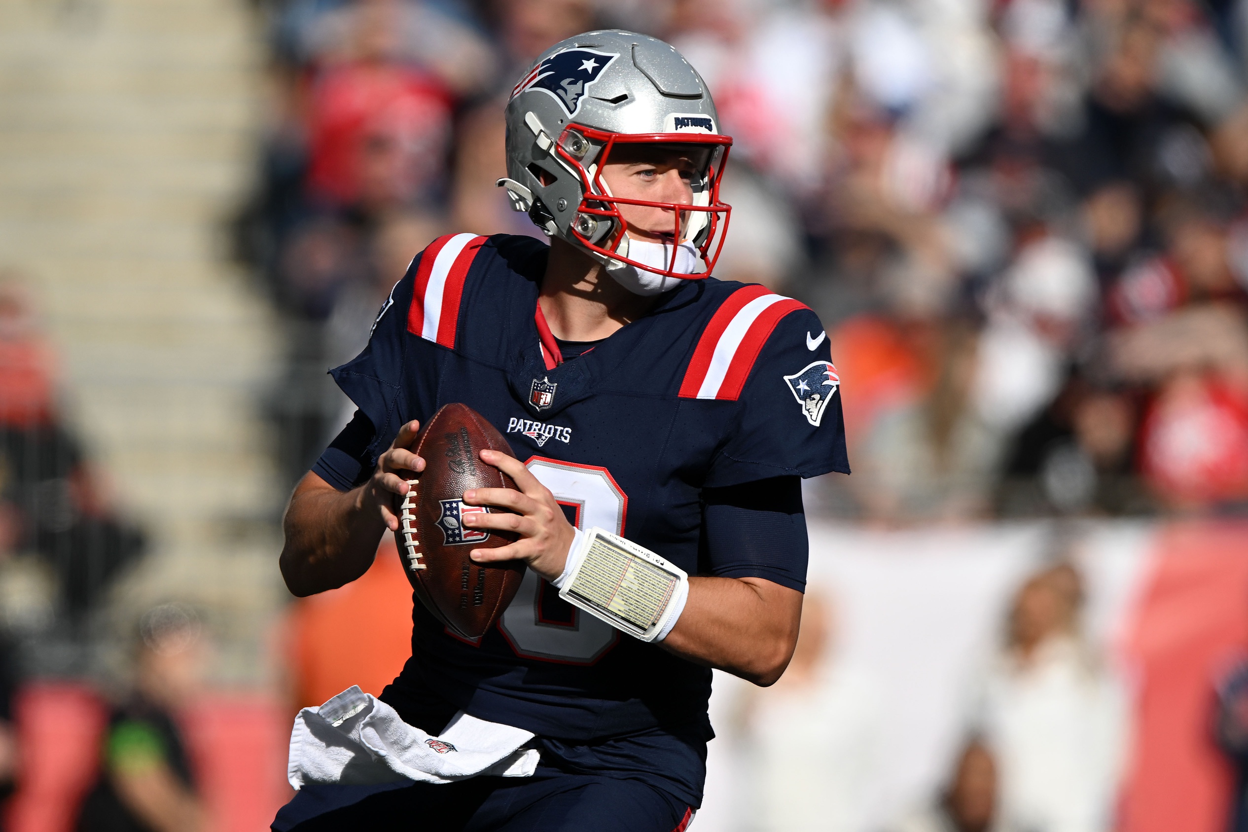 Oct 8, 2023; Foxborough, Massachusetts, USA; New England Patriots quarterback Mac Jones (10) looks to pass against the New Orleans Saints during the second half at Gillette Stadium. Mandatory Credit: Brian Fluharty-USA TODAY Sports