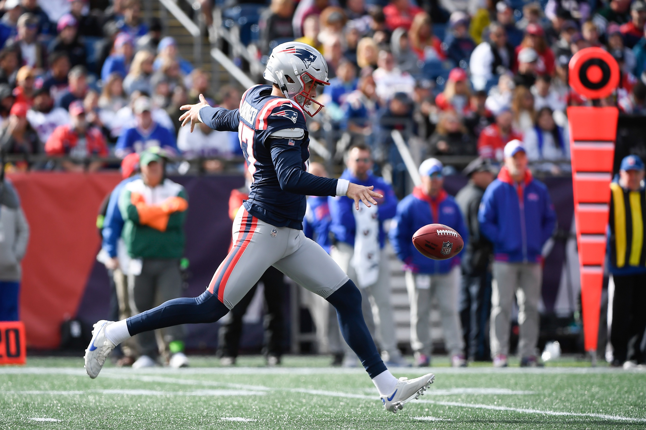 Oct 22, 2023; Foxborough, Massachusetts, USA;  New England Patriots punter Bryce Baringer (17) punts the ball during the first half against the Buffalo Bills at Gillette Stadium. Mandatory Credit: Bob DeChiara-USA TODAY Sports