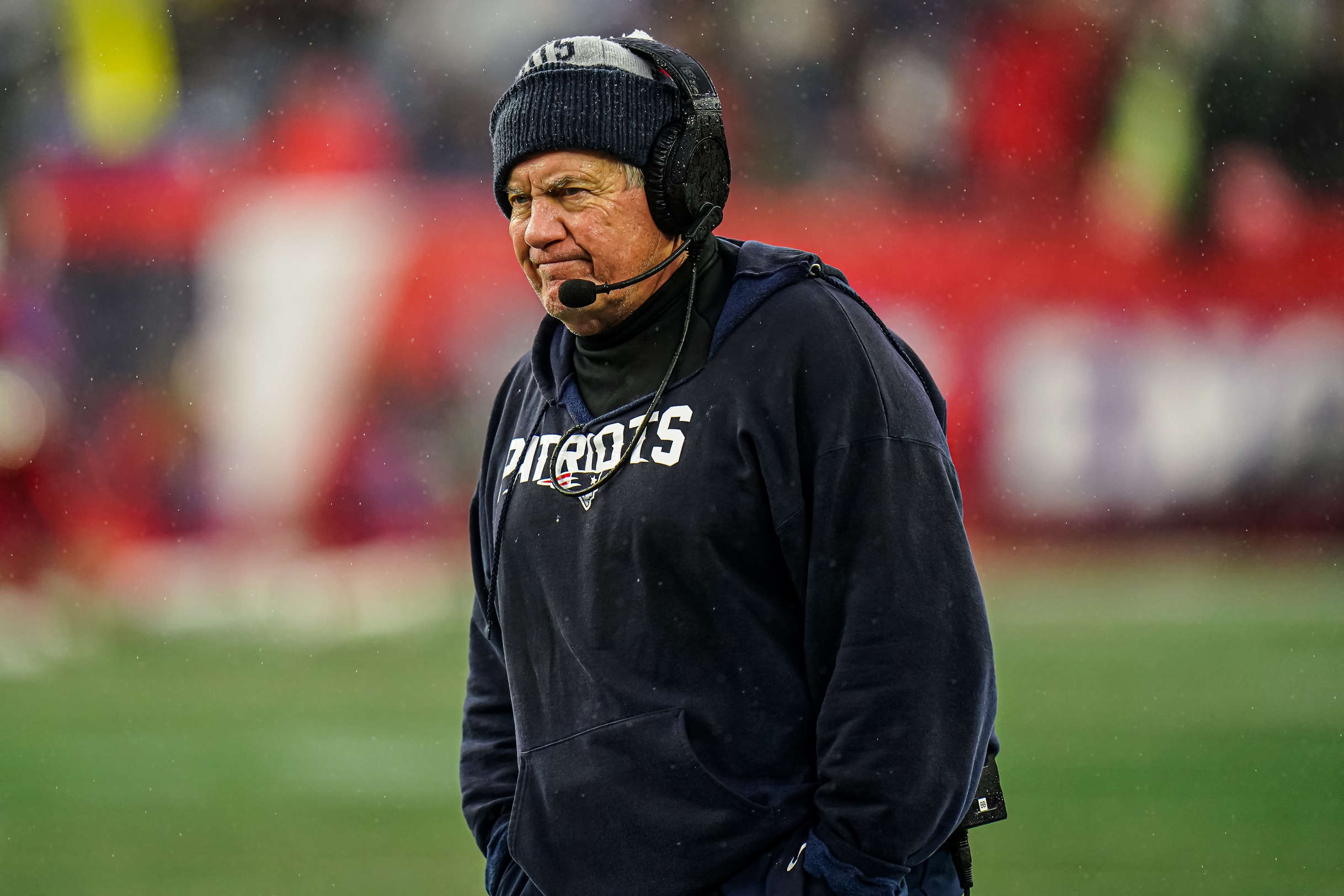 Dec 3, 2023; Foxborough, Massachusetts, USA; New England Patriots head coach Bill Belichick watches from the sideline as they take on the Los Angeles Chargers at Gillette Stadium. Mandatory Credit: David Butler II-USA TODAY Sports
