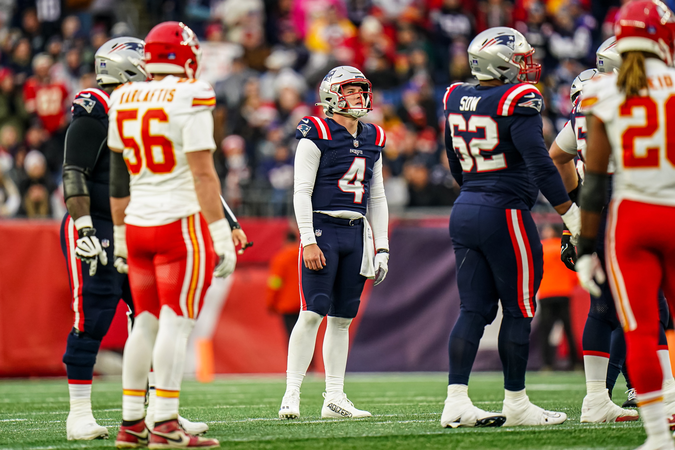 Dec 17, 2023; Foxborough, Massachusetts, USA; New England Patriots quarterback Bailey Zappe (4) on the field against the Kansas City Chiefs at Gillette Stadium. Mandatory Credit: David Butler II-USA TODAY Sports