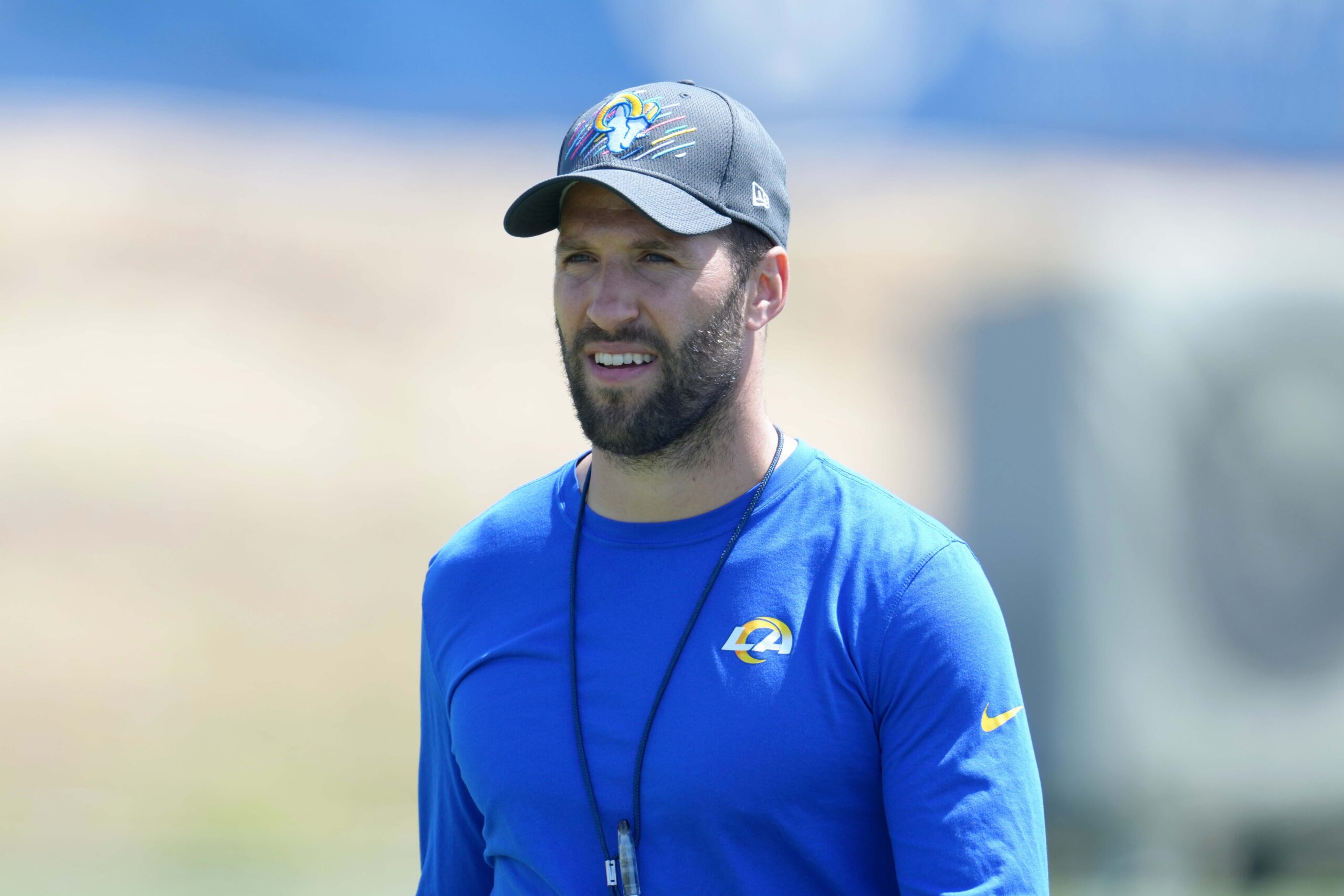 Jun 2, 2022; Thousand Oaks, CA, USA; Los Angeles Rams special teams assistant coach Jeremy Springer during organized team activities at California Lutheran University. Mandatory Credit: Kirby Lee-USA TODAY Sports