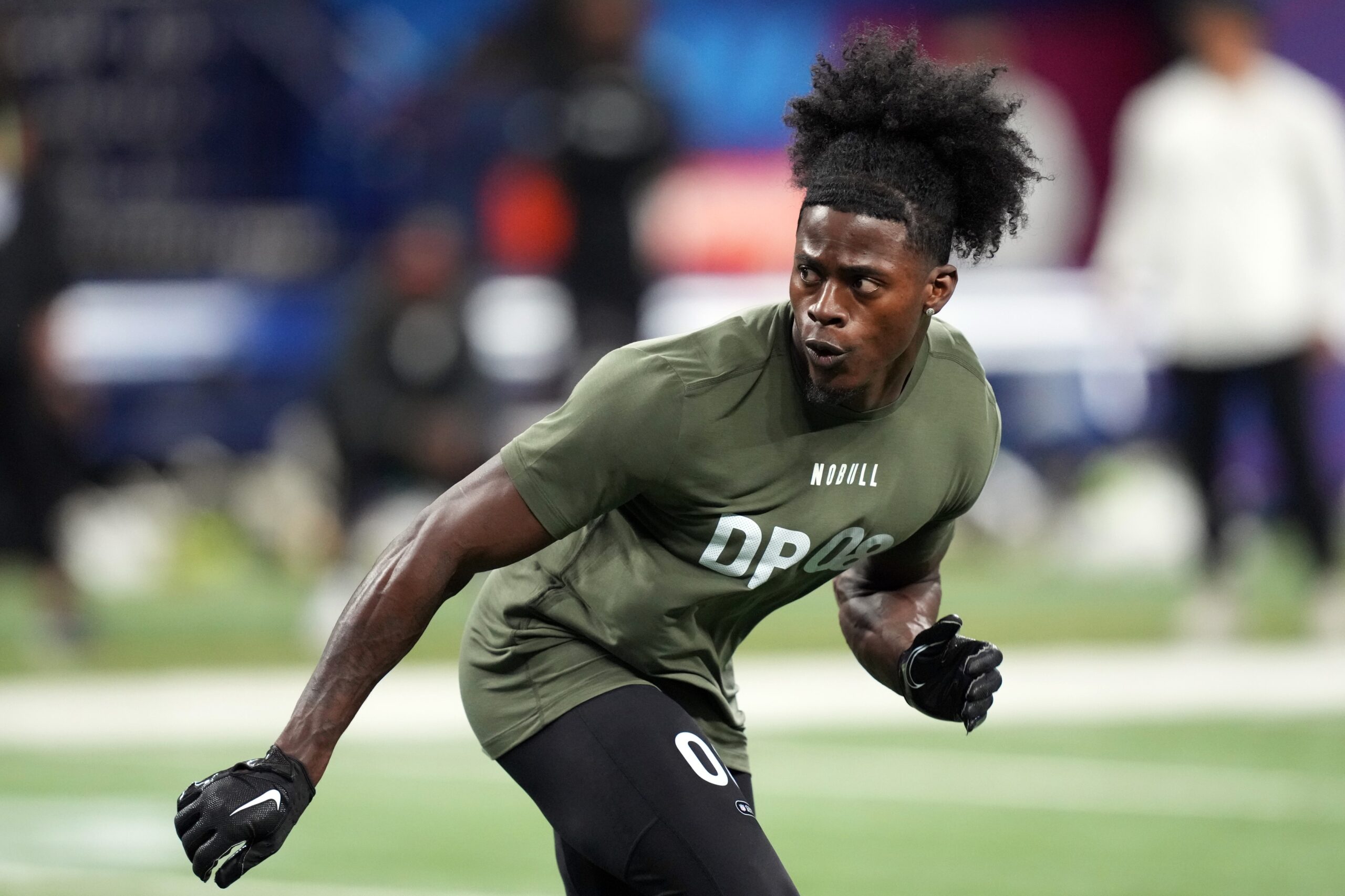 Mar 1, 2024; Indianapolis, IN, USA; South Carolina defensive back Marcellas Dial (DB08) works out during the 2024 NFL Combine at Lucas Oil Stadium. Mandatory Credit: Kirby Lee-USA TODAY Sports
