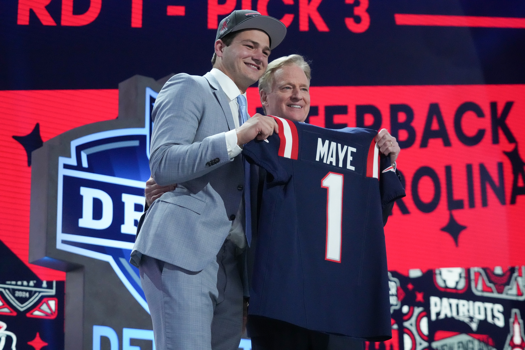 Apr 25, 2024; Detroit, MI, USA; North Carolina Tar Heels quarterback Drake Maye poses with NFL commissioner Roger Goodell after being selected by the New England Patriots as the No. 3 pick in the first round of the 2024 NFL Draft at Campus Martius Park and Hart Plaza. Mandatory Credit: Kirby Lee-USA TODAY Sports