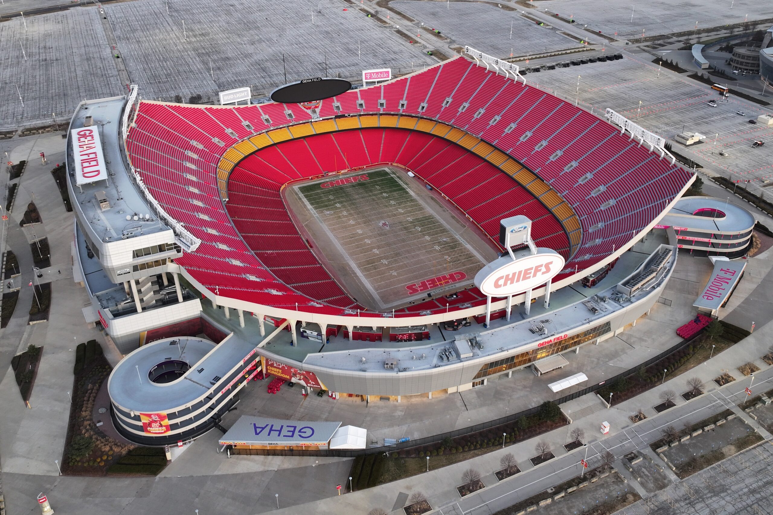 Feb 14, 2024; Kansas City, MO, USA; A general overall aerial view of Arrowhead Stadium at the Truman Sports Complex. Mandatory Credit: Kirby Lee-USA TODAY Sports