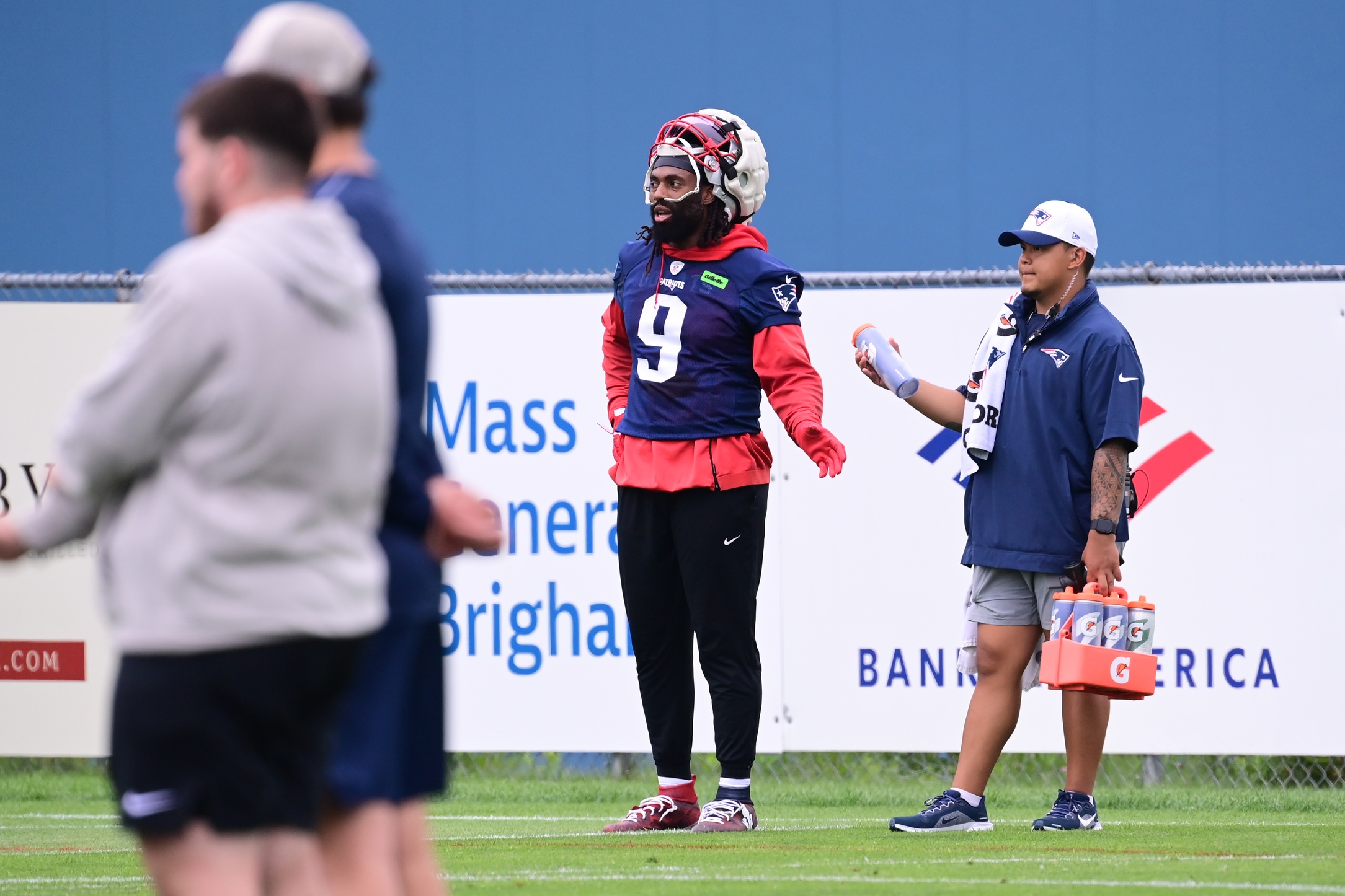 Jul 24, 2024; Foxborough, MA, USA;  New England Patriots linebacker Matthew Judon (9)  works out during training camp at Gillette Stadium. Mandatory Credit: Eric Canha-USA TODAY Sports