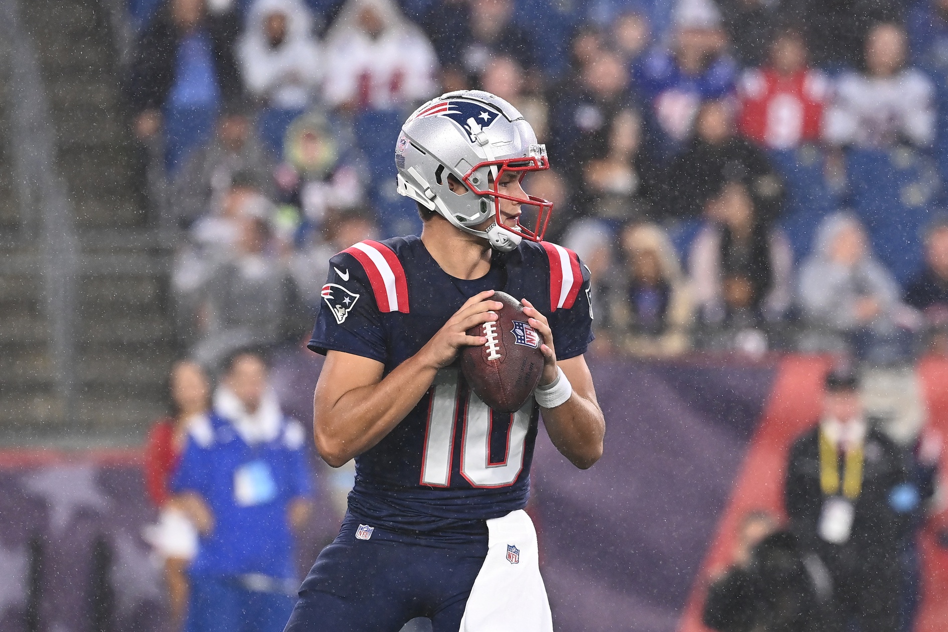 August 8, 2024; Foxborough, MA, USA;  New England Patriots quarterback Drake Maye (10) throws a pass against the Carolina Panthers  during the first half at Gillette Stadium. Mandatory Credit: Eric Canha-USA TODAY Sports